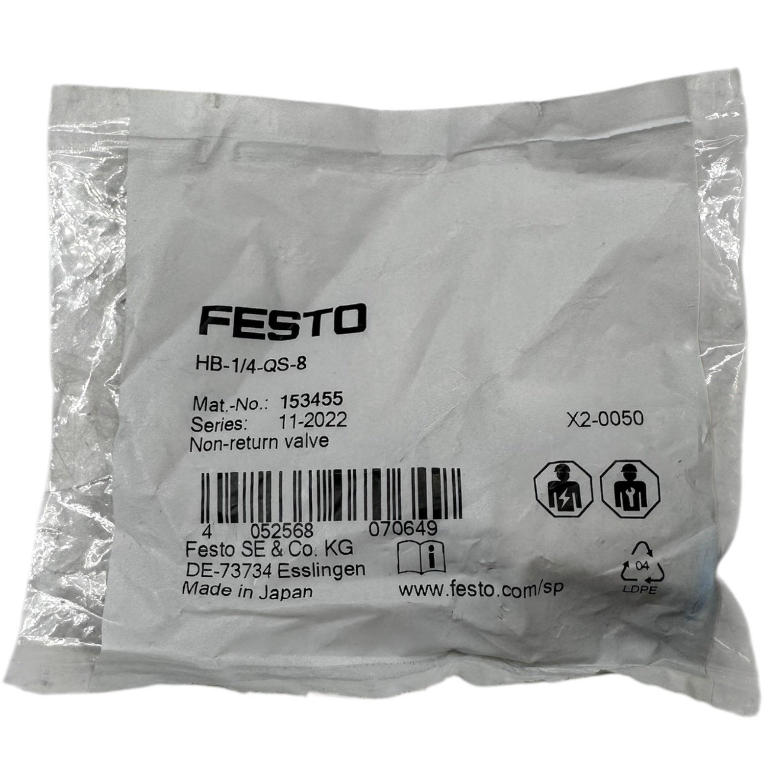 2x Festo HB-1/4-QS-8 Rückschlagventil Pneumatik 1/4 Zoll auf 8 mm Steckanschluss