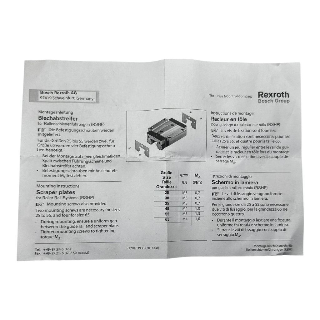 Bosch Rexroth R182041030 Blechabstreifer Scraper Plate inkl. Schrauben NEU