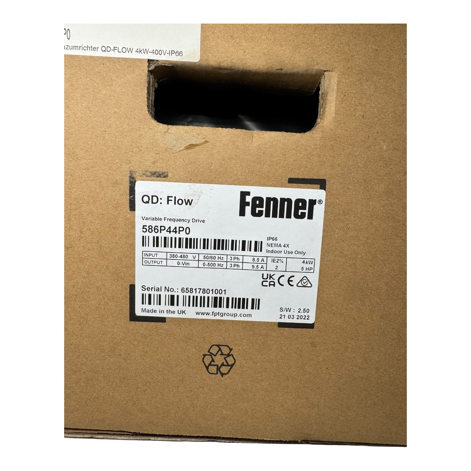 Fenner QD:Flow 586P44P0 Frequenzumrichter 9,5A 4kW 380-480V 3PH IP66 UNUSED