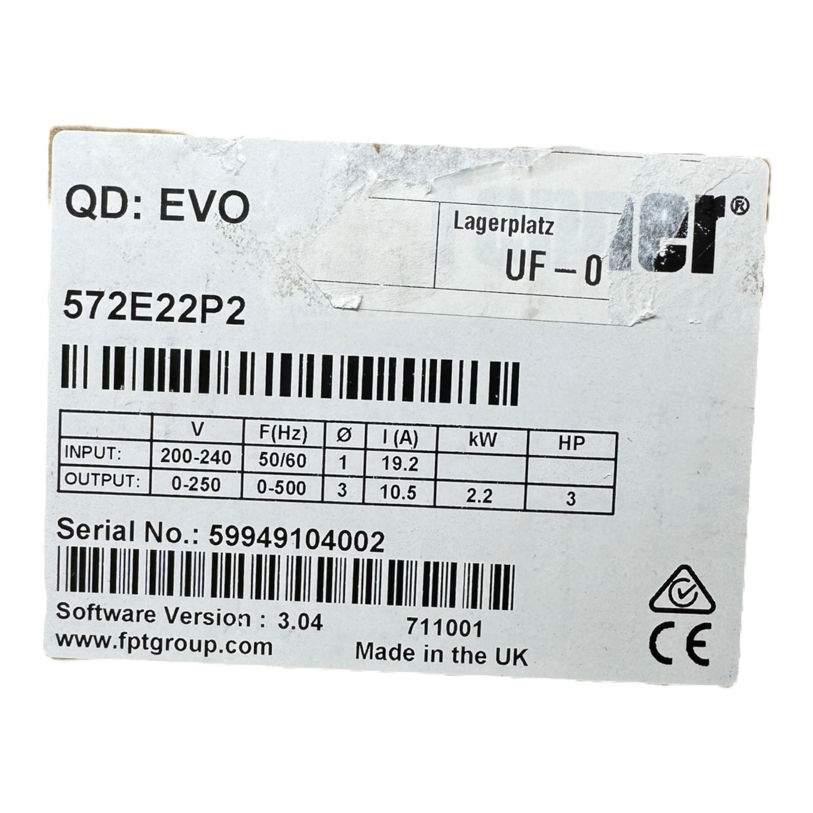 Fenner QD:EVO 572E22P2 Frequenzumrichter 2,2kW 10,5A 200–240V 3PH IP20 UNUSED
