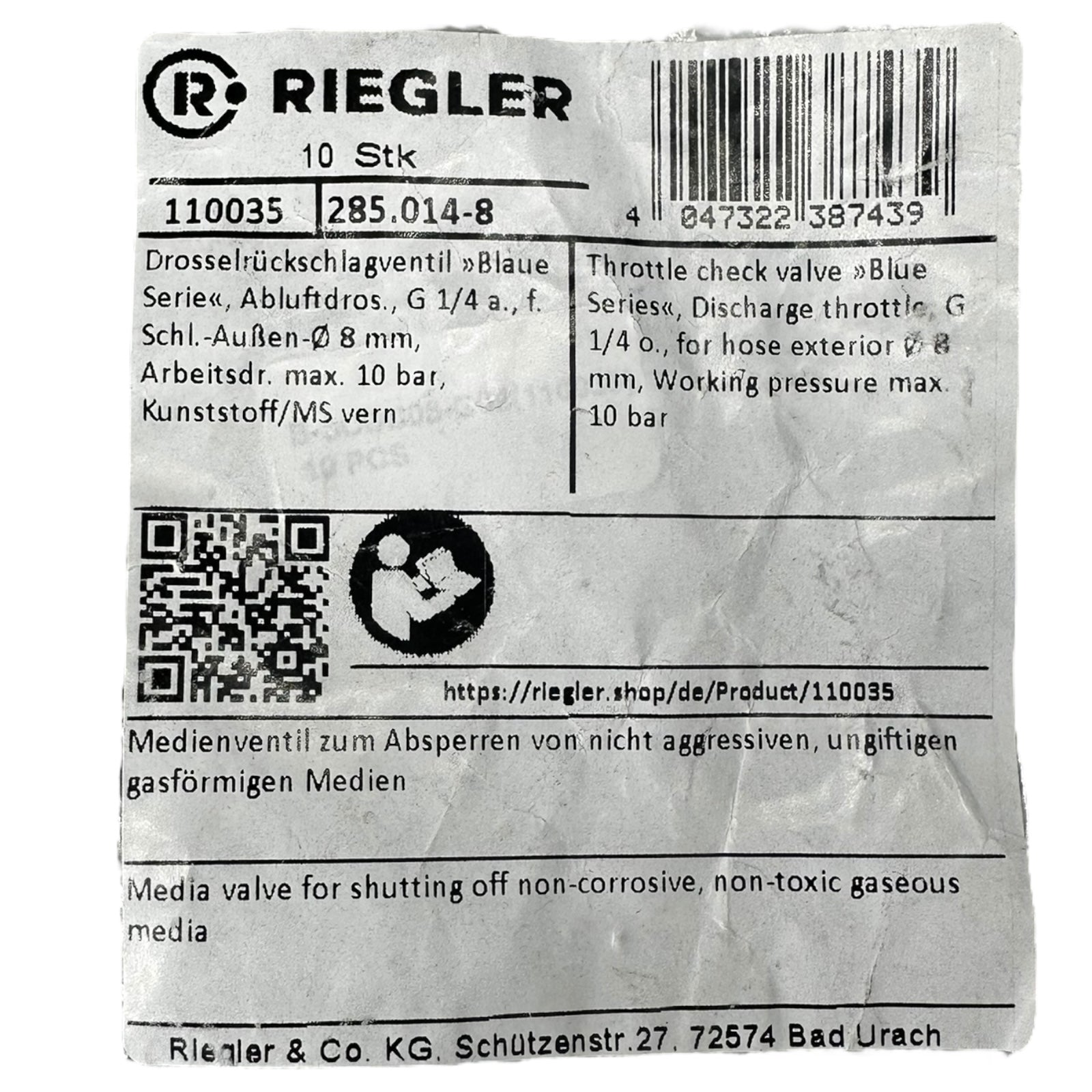 10x Riegler 285.014-8 Drosselrückschlagventil Abluftdros.G1/4 a. 10bar Ø8