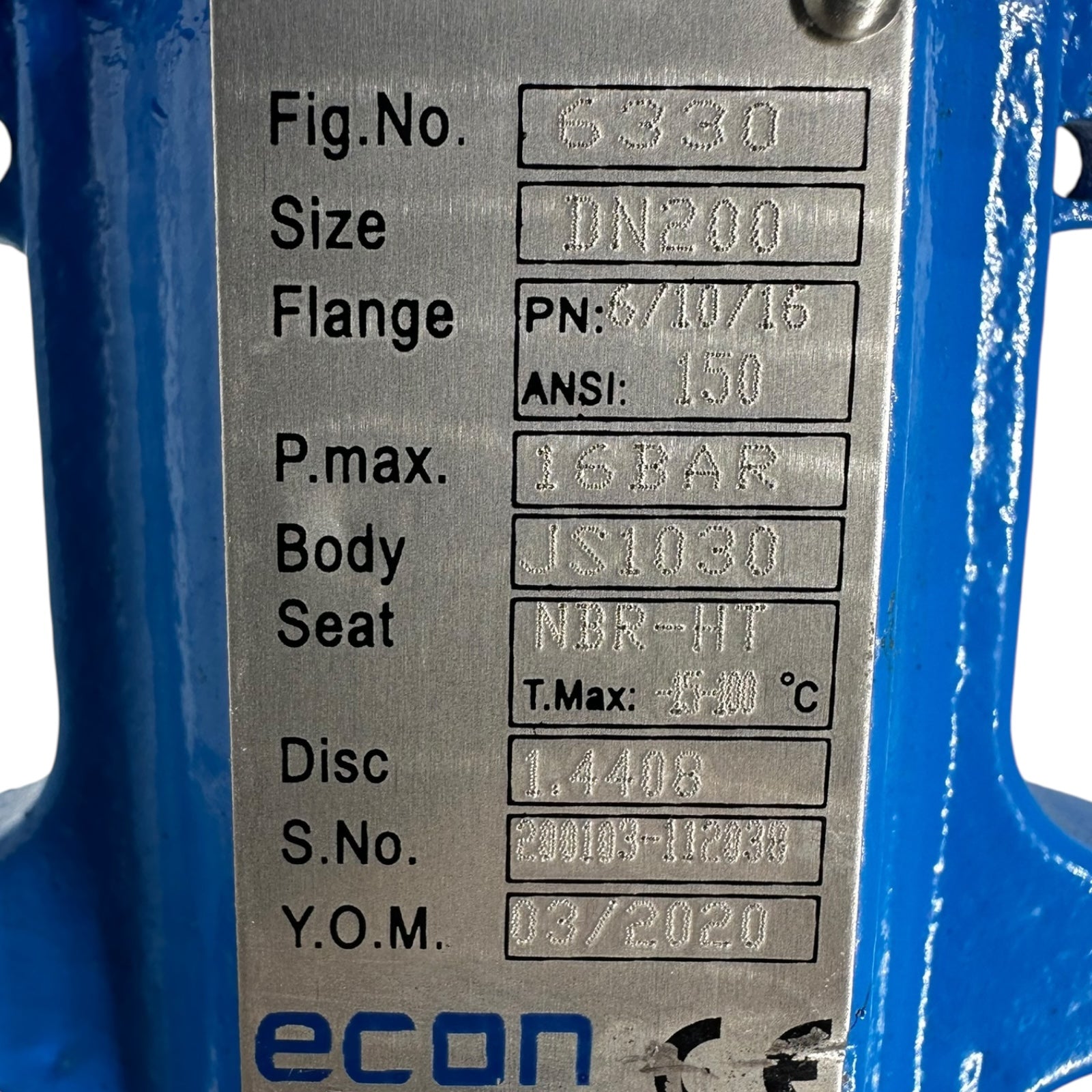 Econ Absperrklappe 6330 DN200 PN16 ANSI150 NBR-HT Edelstahl 1.4408 NEU