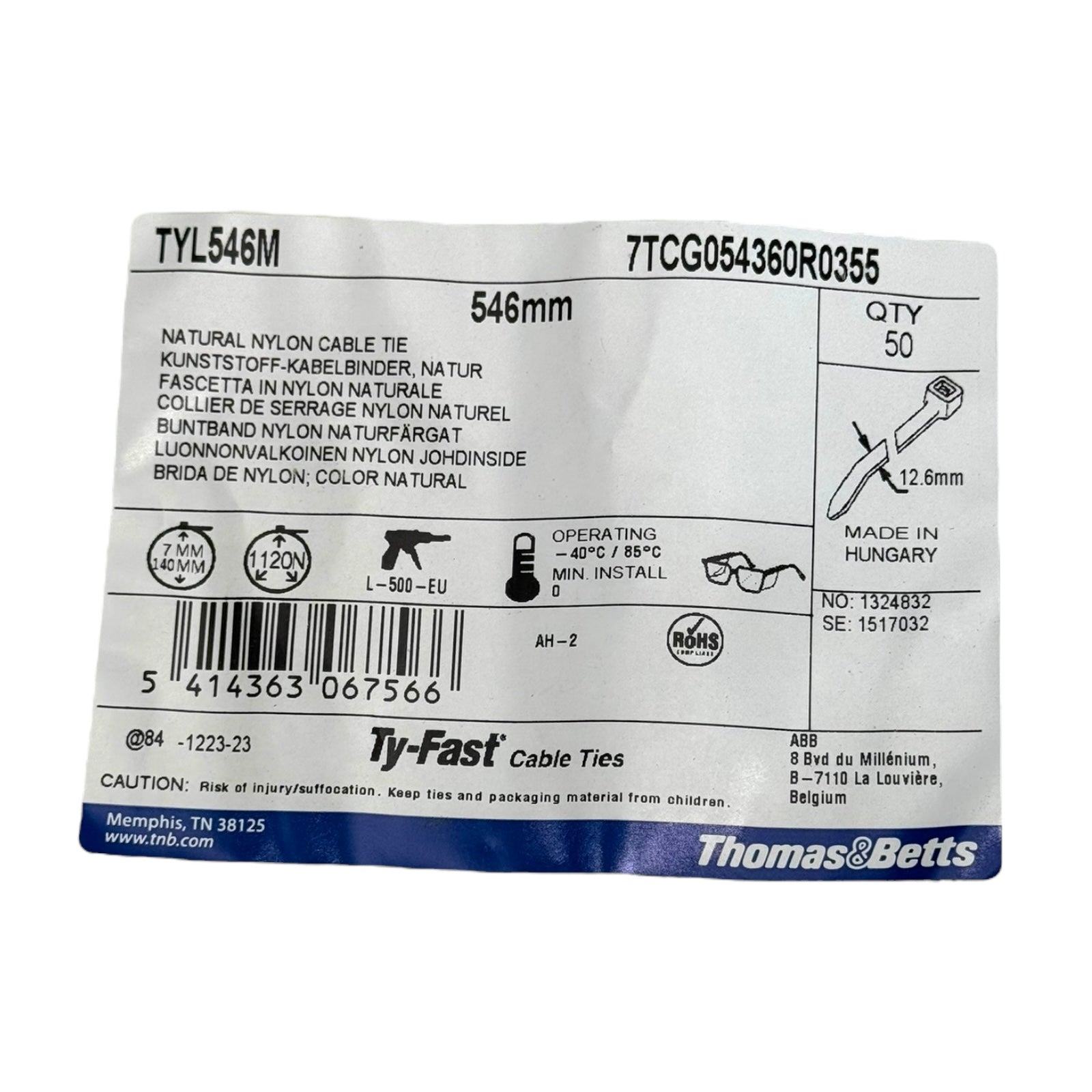 100 Stk ABB Ty-Fast TYL546M 546 mm Schwerlast-Kabelbinder Natur 1120 N PA6.6