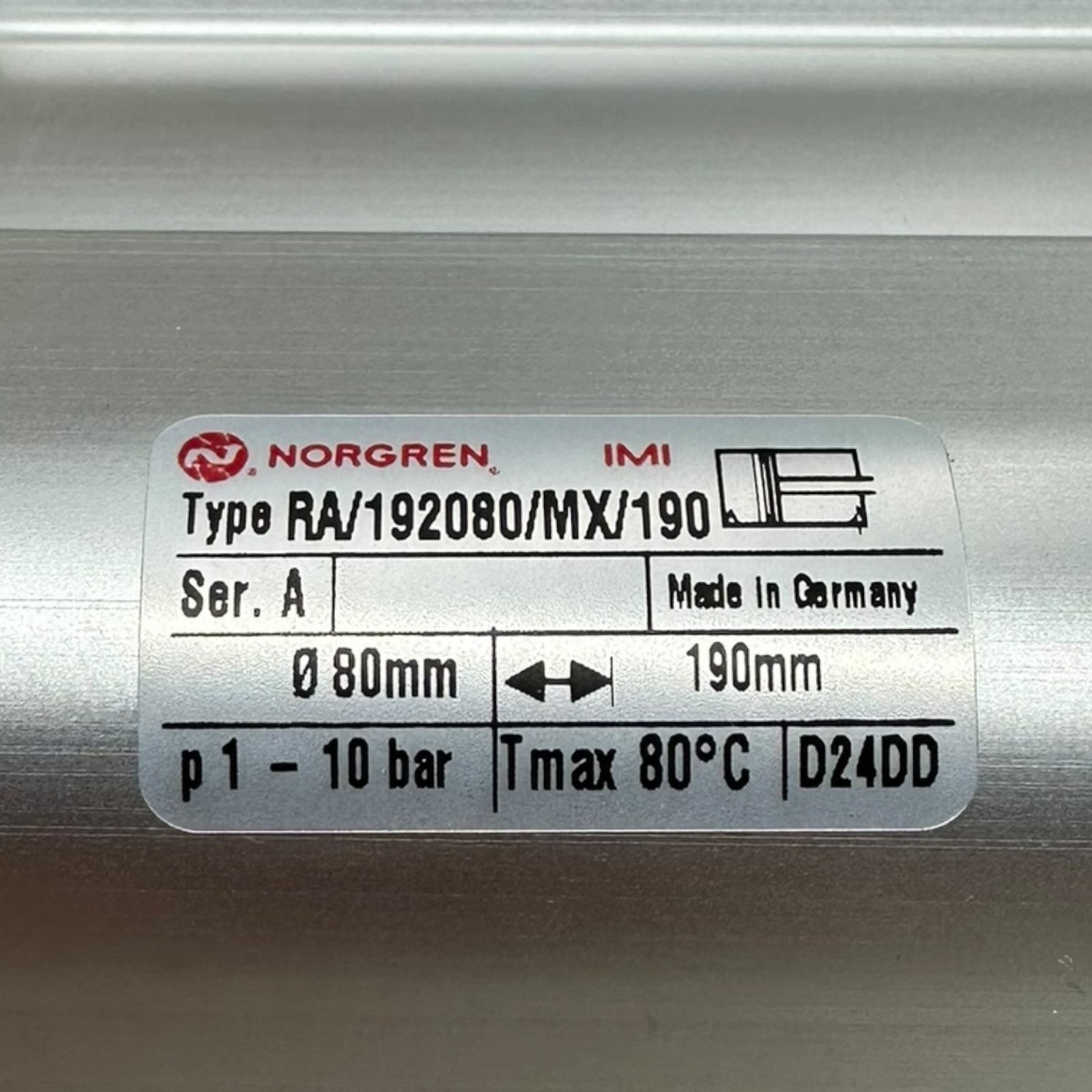 Norgren RA/192080/MX/190 Pneumatikzylinder Ø80mm Hub 190mm 1–10 bar D24DD neu