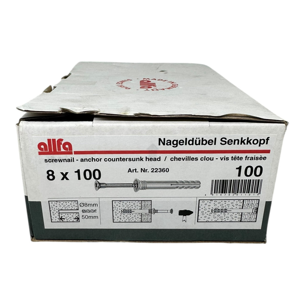 100x Alfa Nageldübel Senkkopf 8x100mm Schlagdübel Nylon Dübel mit Nagel
