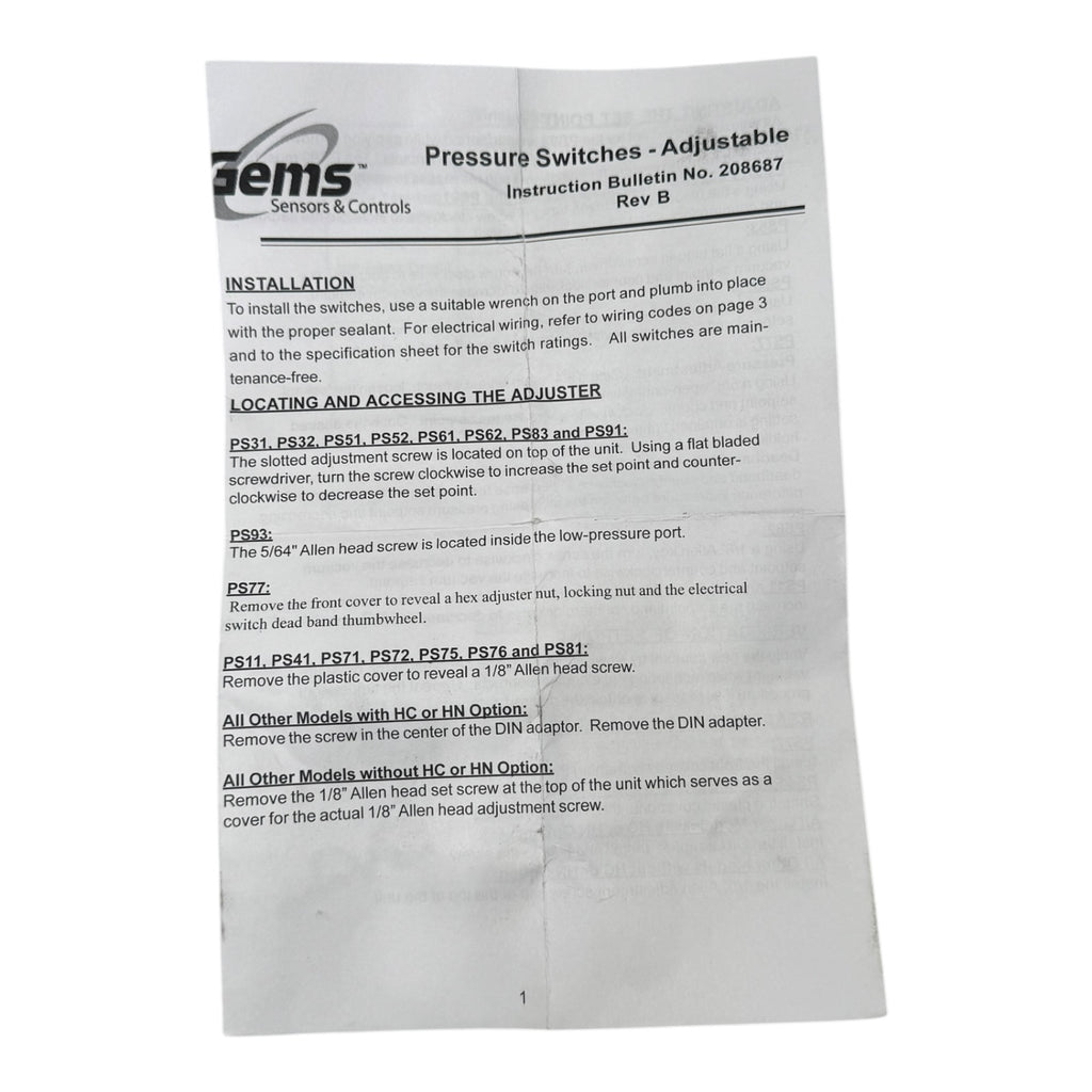 Stauff GEMS Sensors PS71-20-4MGZ-C 212344 Druckschalter NPT1/4 25-75psi
