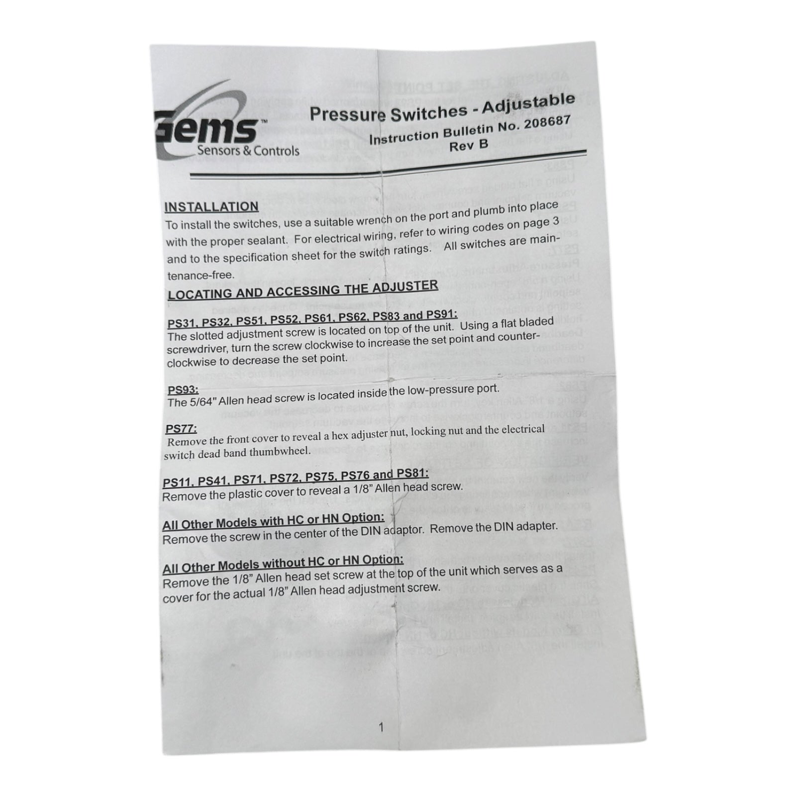 Stauff GEMS Sensors PS71-20-4MGZ-C 212344 Druckschalter NPT1/4 25-75psi