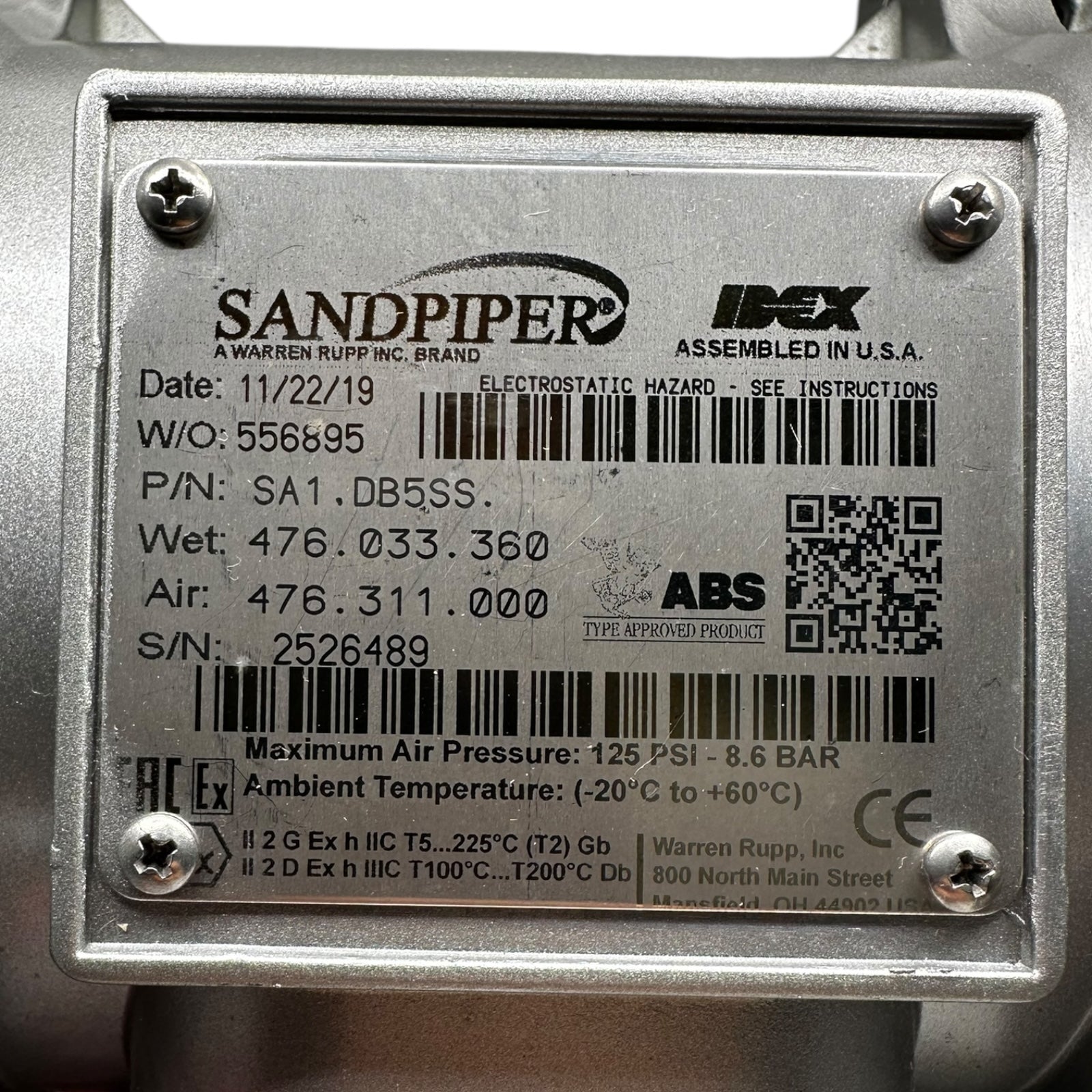 Sandpiper SA1.DB5SS Membranpumpe Druckluftpumpe 8,6 bar Edelstahl ATEX