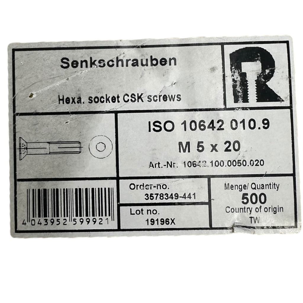 500x Riegler 10642.100.0050.020 Senkschrauben mit Innensechskant M5x20