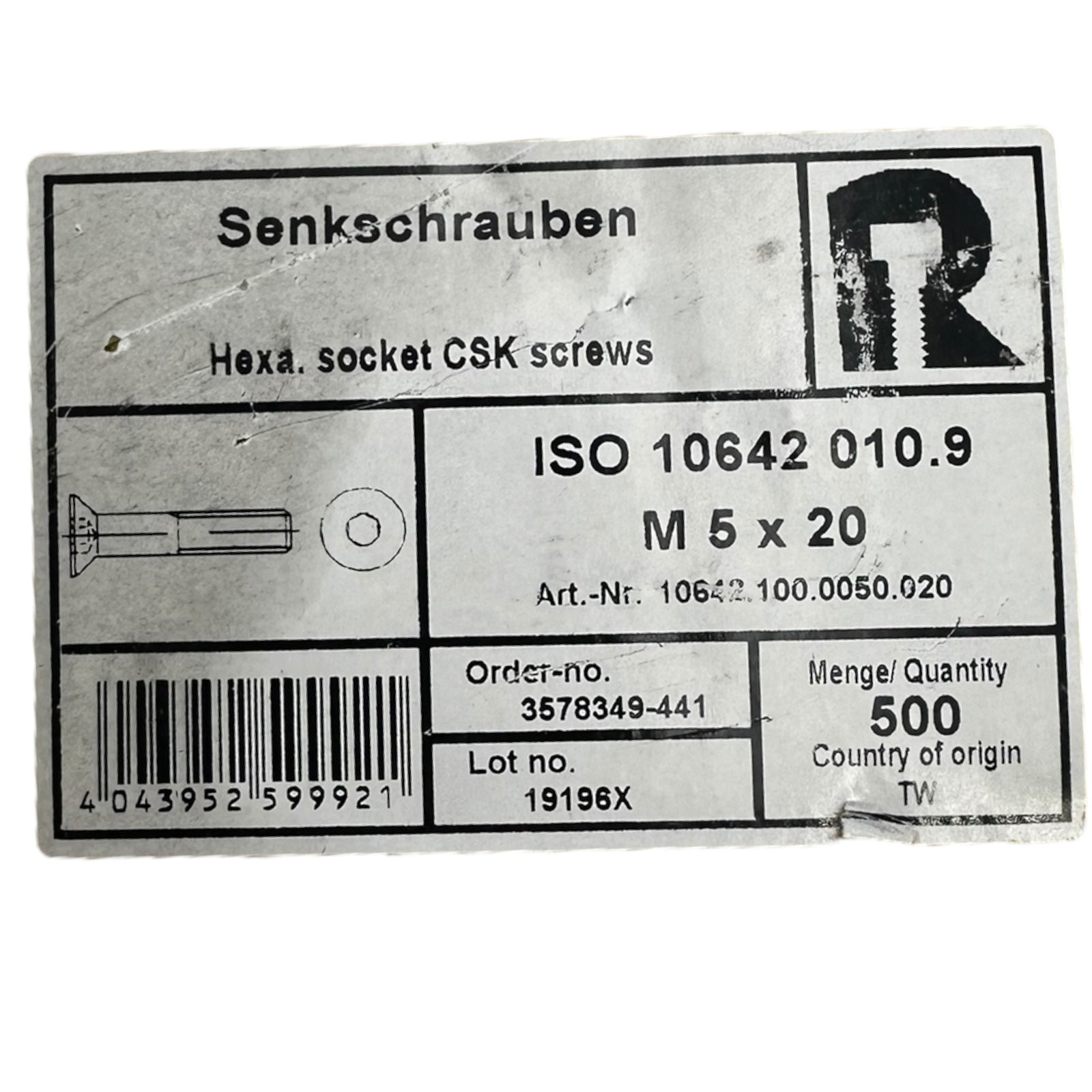 500x Riegler 10642.100.0050.020 Senkschrauben mit Innensechskant M5x20