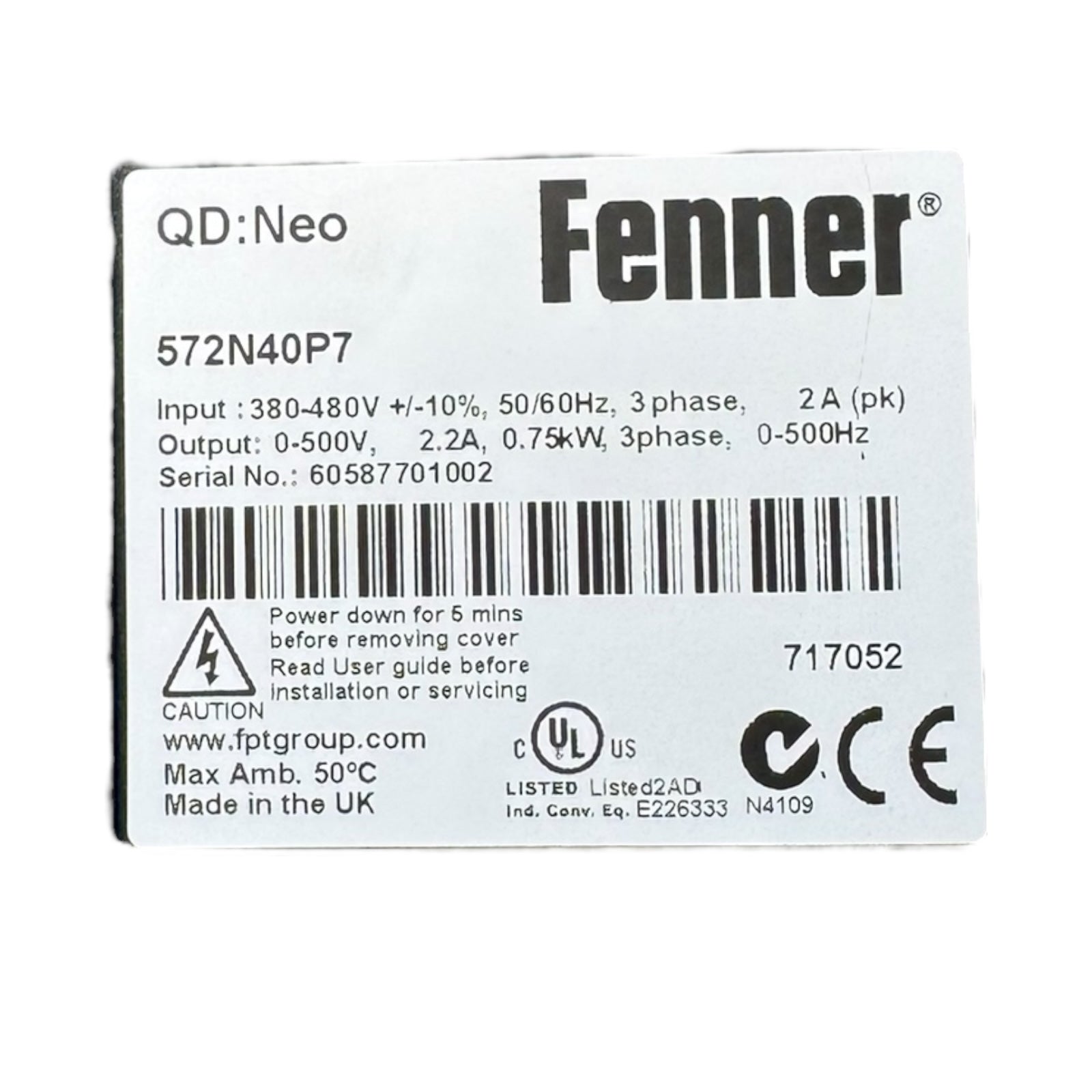 Fenner QD:Neo 572N40P7 Frequenzumrichter 0,75kW 380-480V 2,2A 0-500Hz 3PH UNUSED