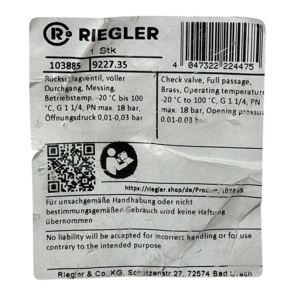 Riegler 103885 Rückschlagventil G1 1/4” DN32 PN18 Messing Voller Durchgang 18bar