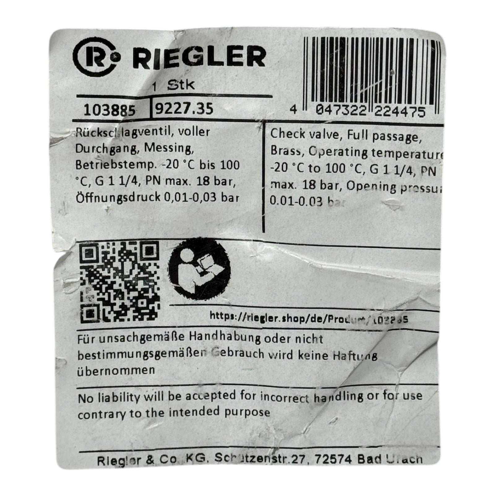 Riegler 103885 Rückschlagventil G1 1/4” DN32 PN18 Messing Voller Durchgang 18bar