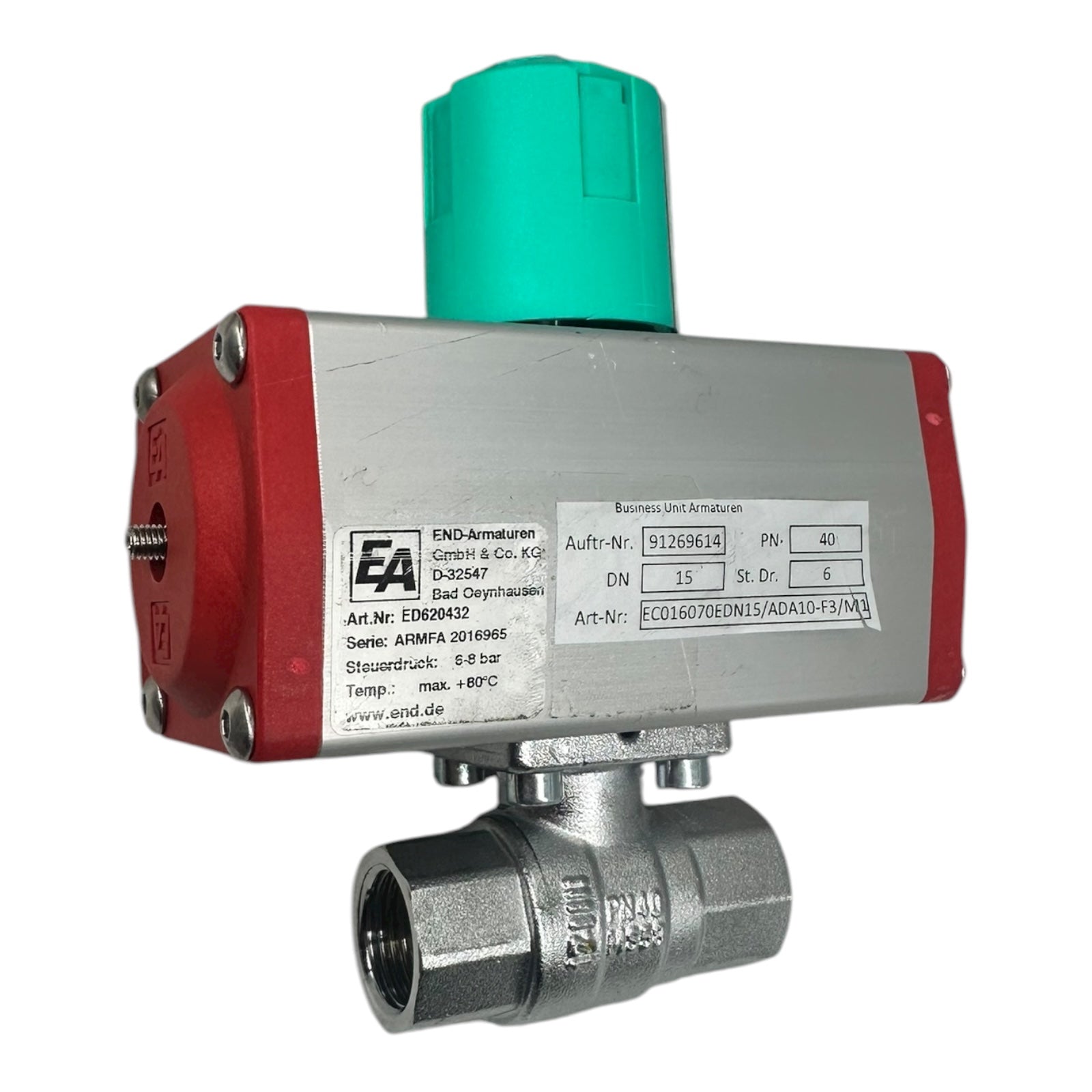 END Armaturen Kugelhahn ECO16070E DN15 PN40 Edelstahl pneumatisch 6–8 bar