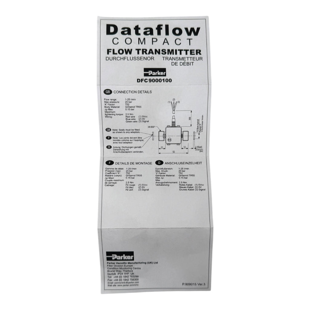 Parker DFC 9000100 DATA FLOW COMPACT Transmitter Sensor 20bar 1-25l/min 2.5NM