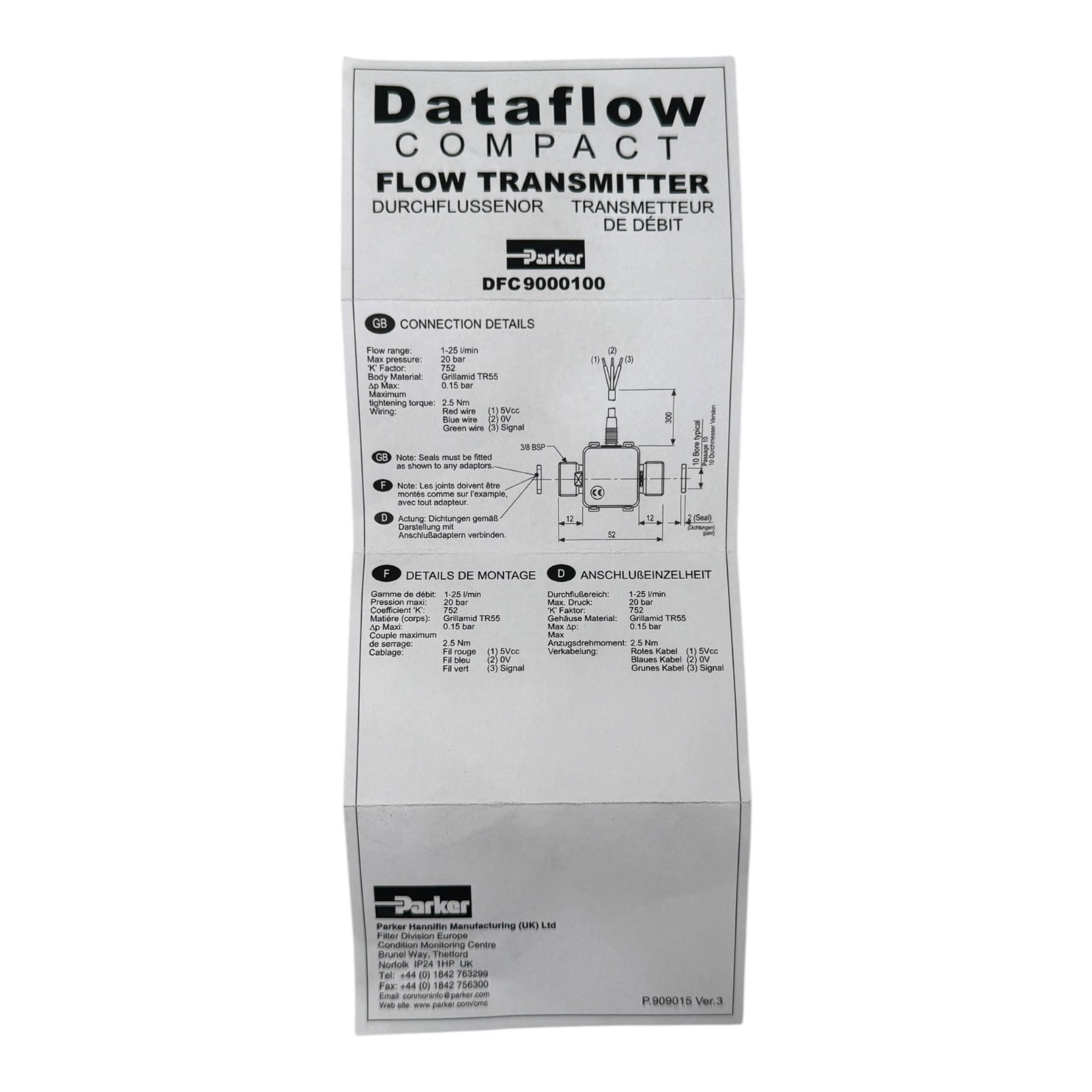 Parker DFC 9000100 DATA FLOW COMPACT Transmitter Sensor 20bar 1-25l/min 2.5NM