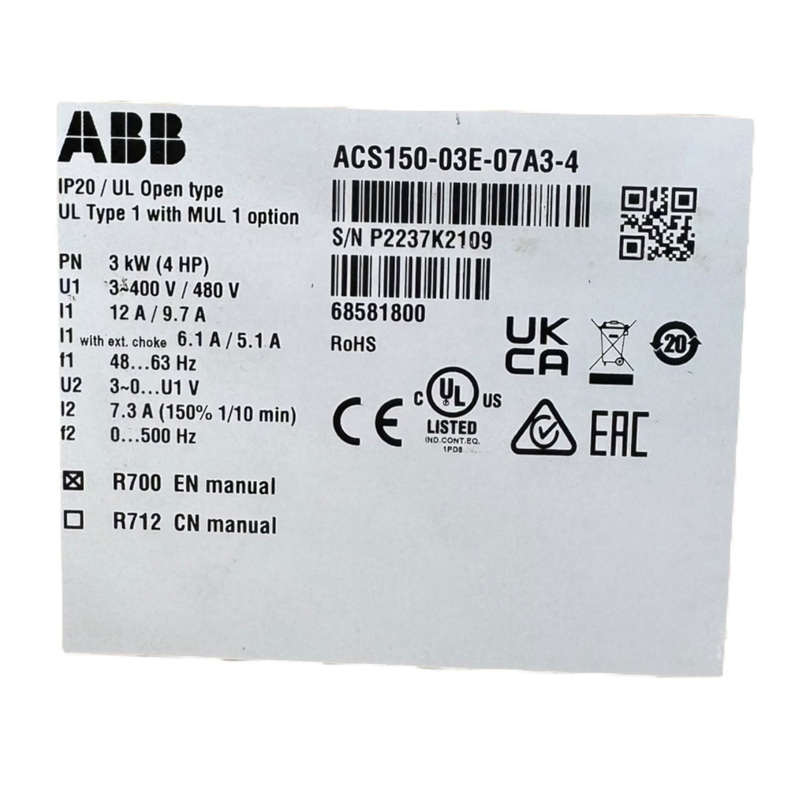 ABB ACS150-03E-07A3-4 Frequenzumrichter 3-Phasen 3kW 4HP 400Vac 7,3A 500Hz