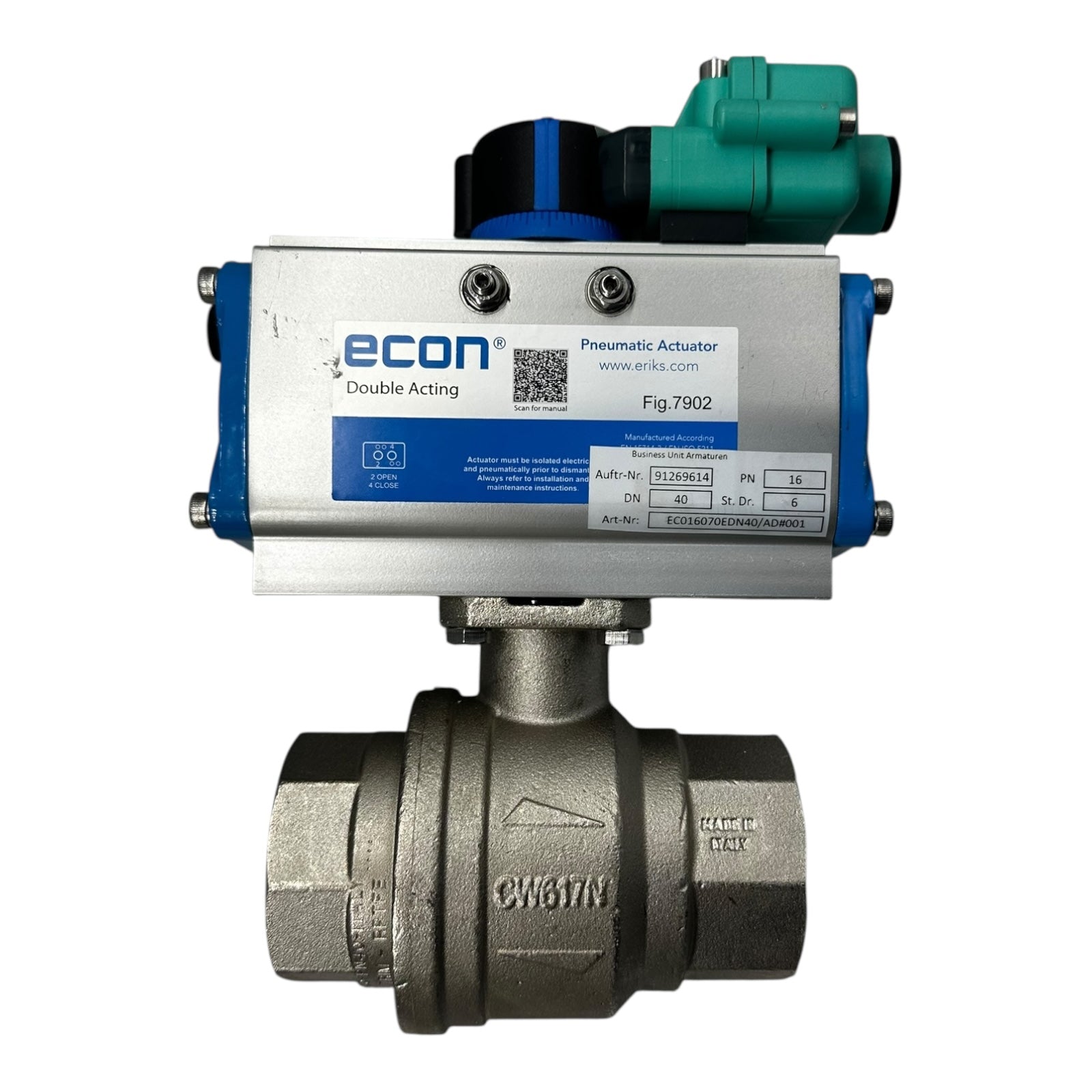 Econ Kugelhahn DN40 PN16 Edelstahl mit Pneumatik Antrieb RX P+F Sensor NEU