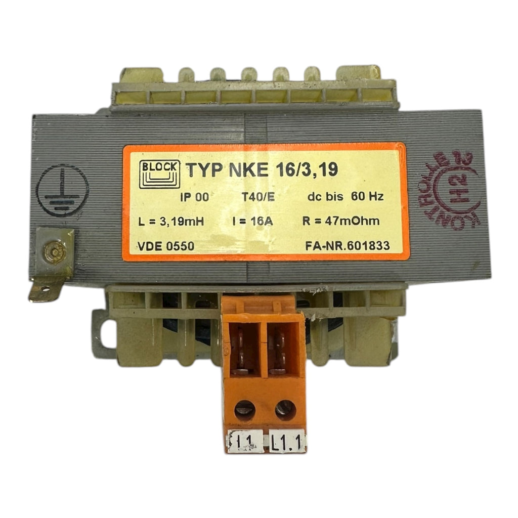 BLOCK NKE 16/3,19 Drosselspule 3,19 mH 16A 47 mΩ IP00 T40/E Trafo Spule