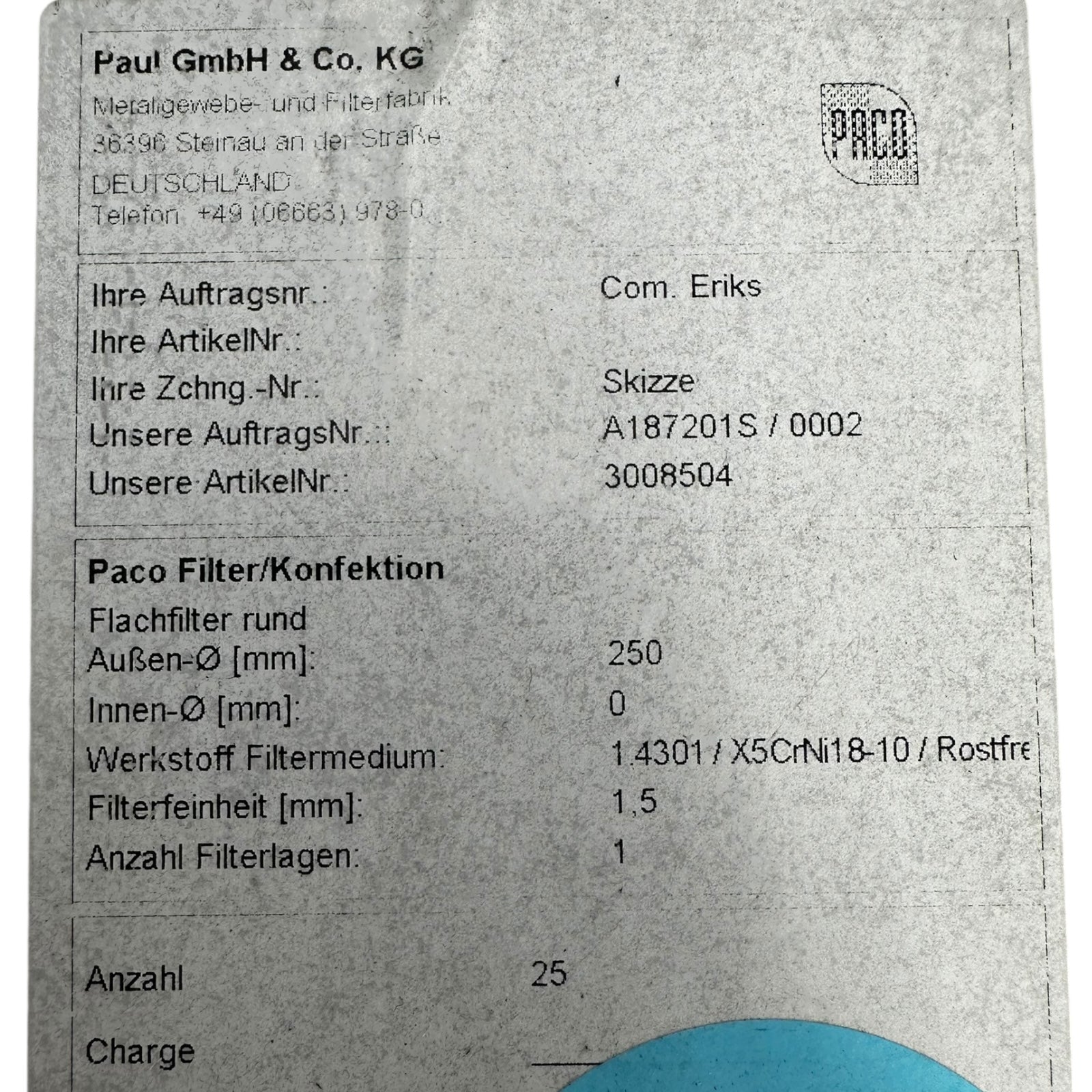 25x Paco 3008504 Flachfilter rund 250mm 1,5mm Edelstahl V2A