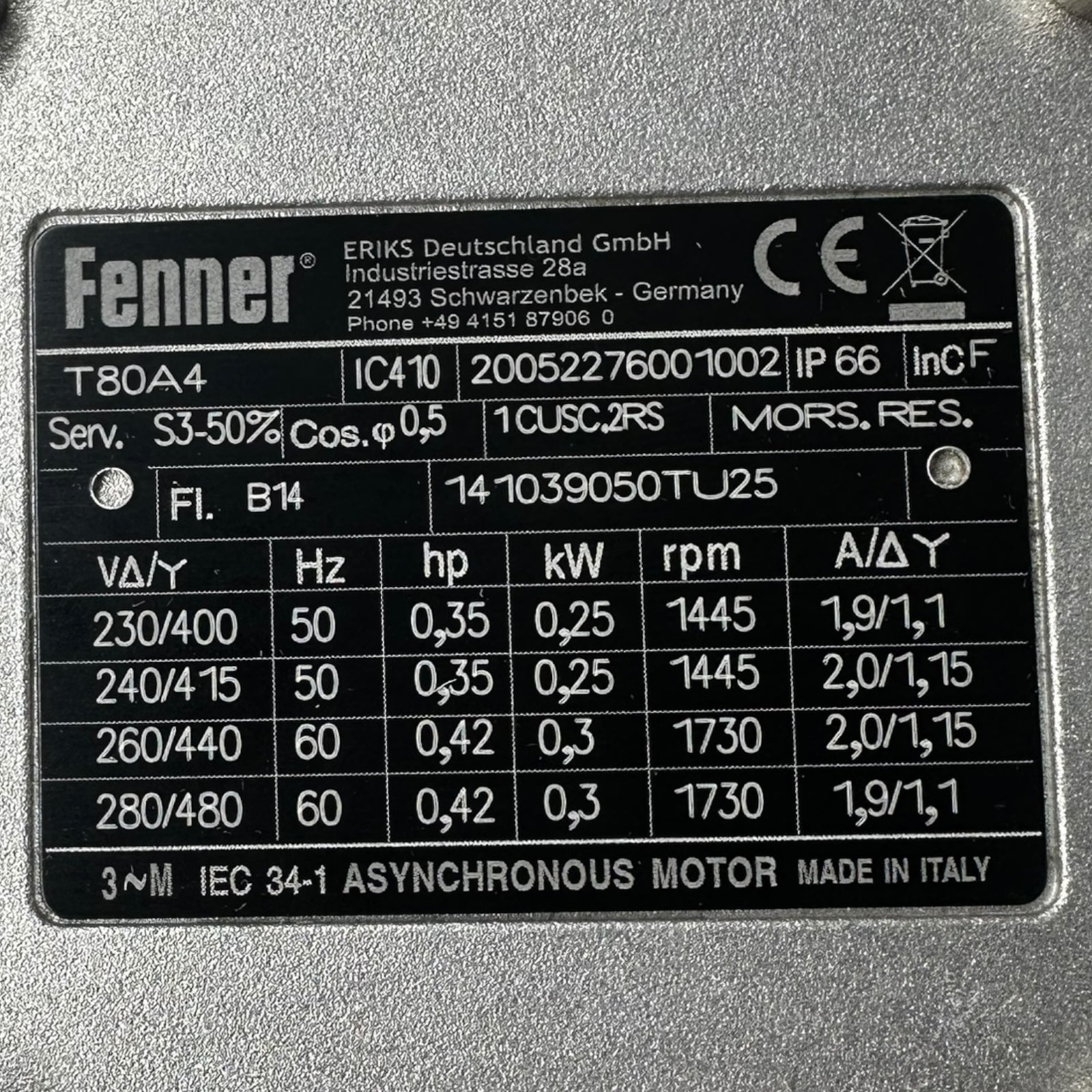 Fenner T80A4 Elektromotor 0,25kW 1445rpm IP66 B14 Asynchronmotor 3~ Unused