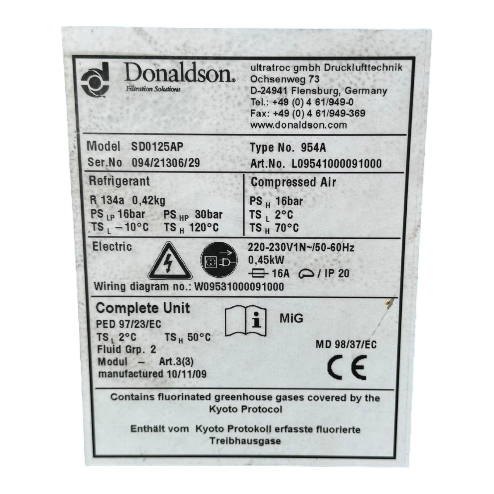 Donaldson L09541000091000 Ultrapulse Kältetrockner Druckluft 230V 0,45kW 16bar