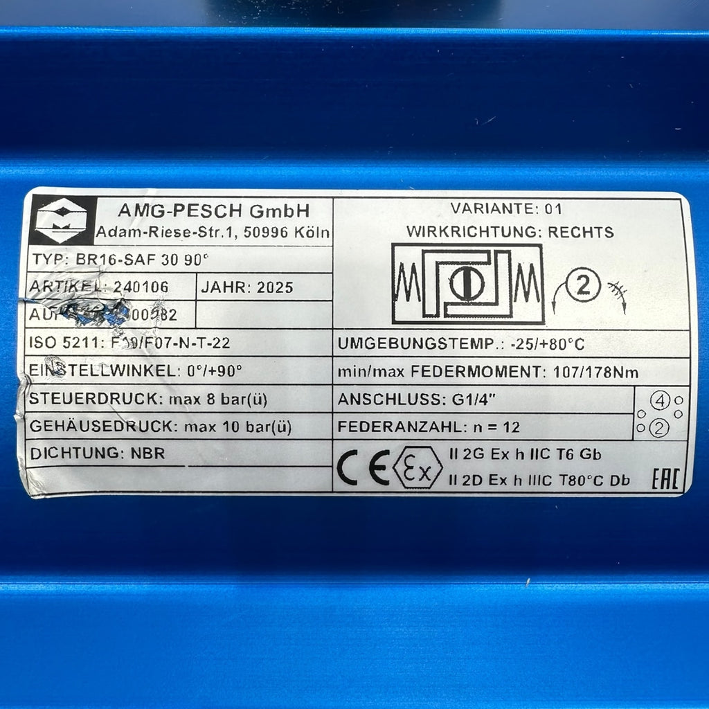 AMG-Pesch BR16-SAF30 90° Pneumatik-Stellantrieb G1/4“ Federkraft schließend neu
