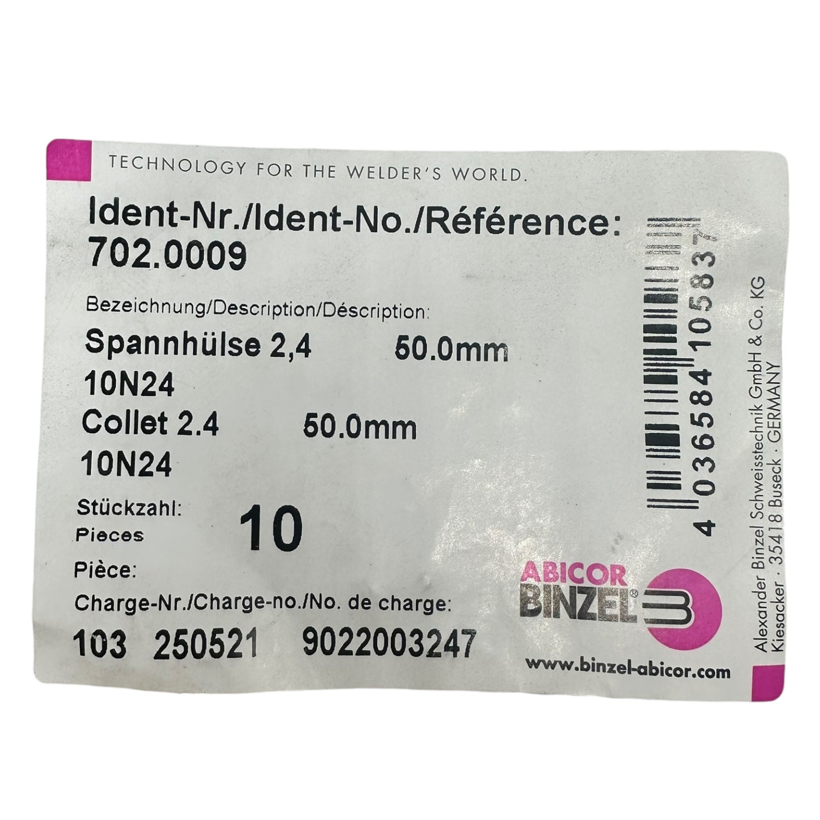 10x Binzel 702.0009 Spannhülse 2,4mm 50mm 10N24 WIG Collet Set 10 Stück