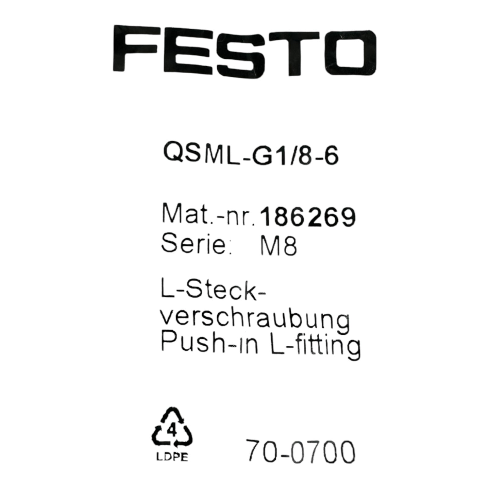 10x Festo QSML-G1/8-6 L-Steckverschraubung Winkel Push-in 6 mm G1/8 Pneumatik