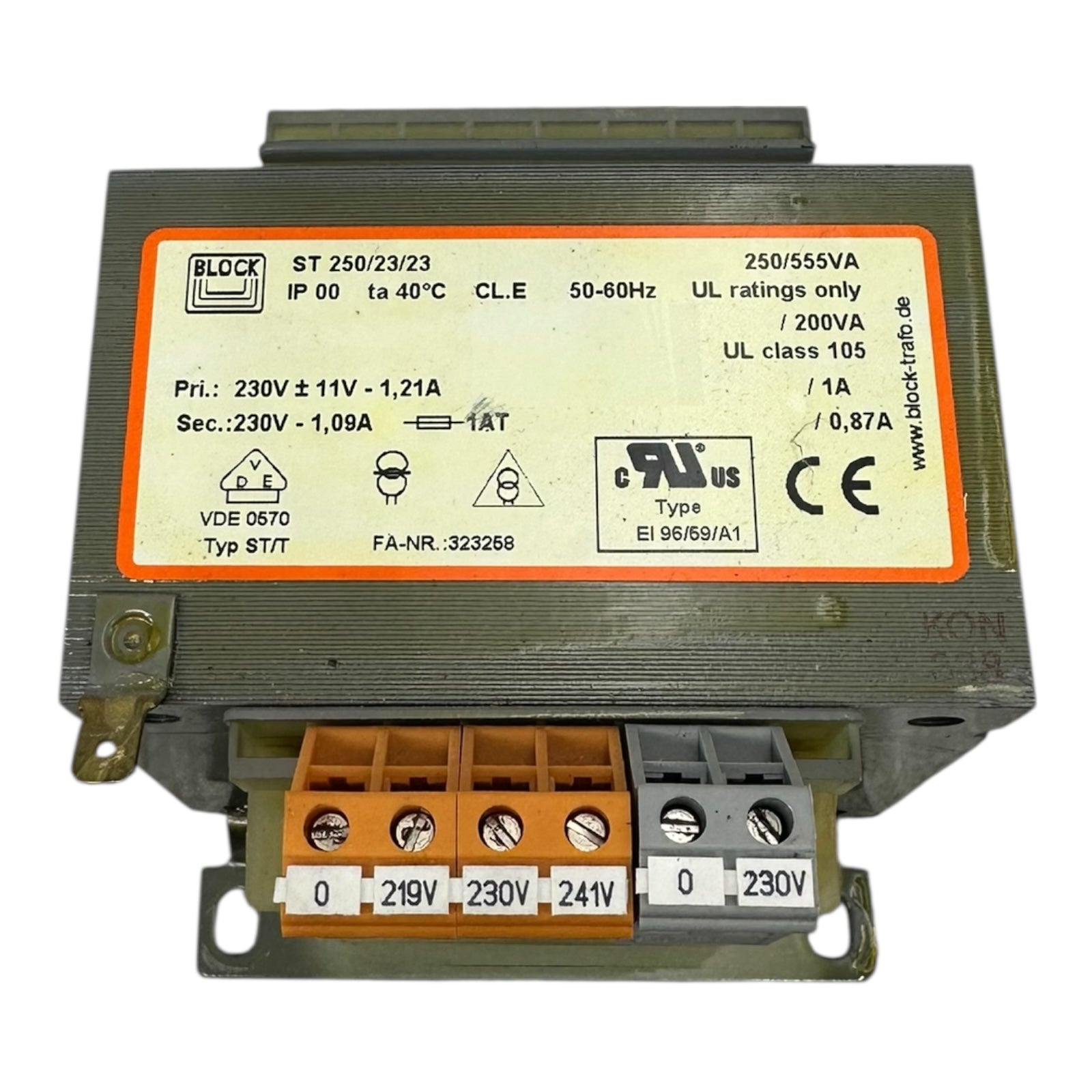 BLOCK ST 250/23/23 Transformator 230V 219/230/241V 250VA Trafo