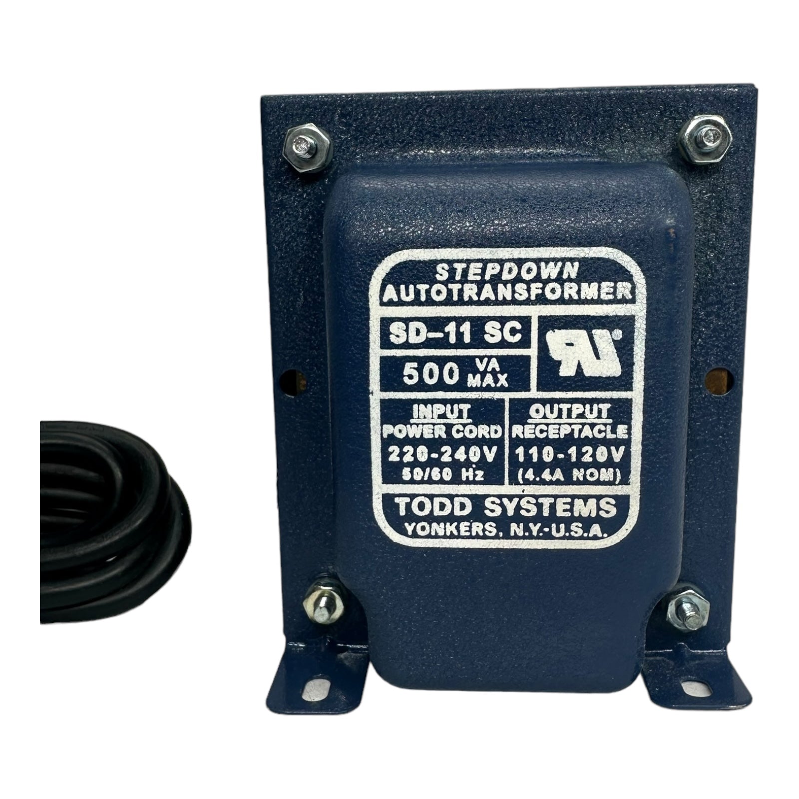 TODD Stepdown SD-11SC Transformer IN: 220-240V OUT: 110-120V, 500VA MAX, 50/60Hz