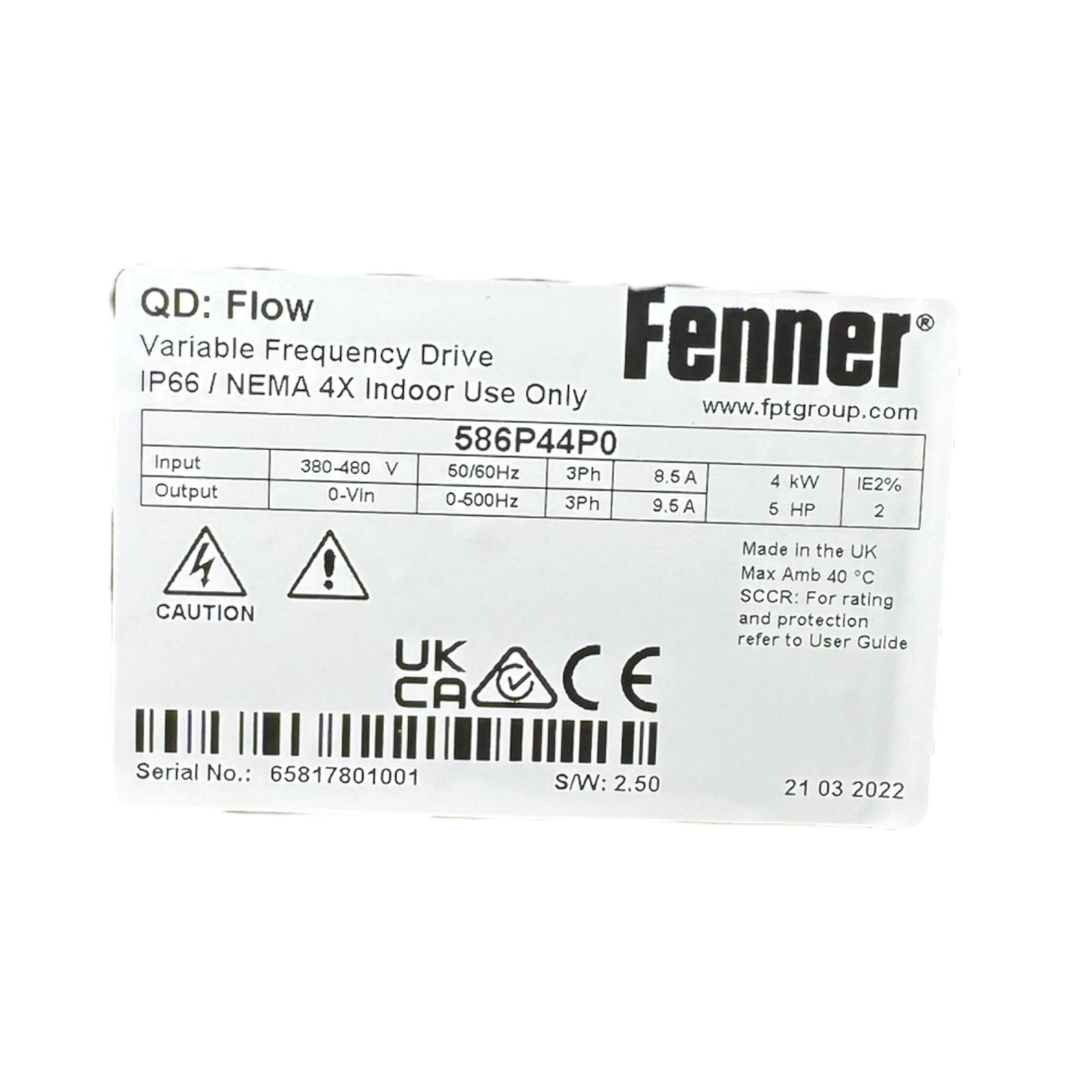Fenner QD:Flow 586P44P0 Frequenzumrichter 9,5A 4kW 380-480V 3PH IP66 UNUSED