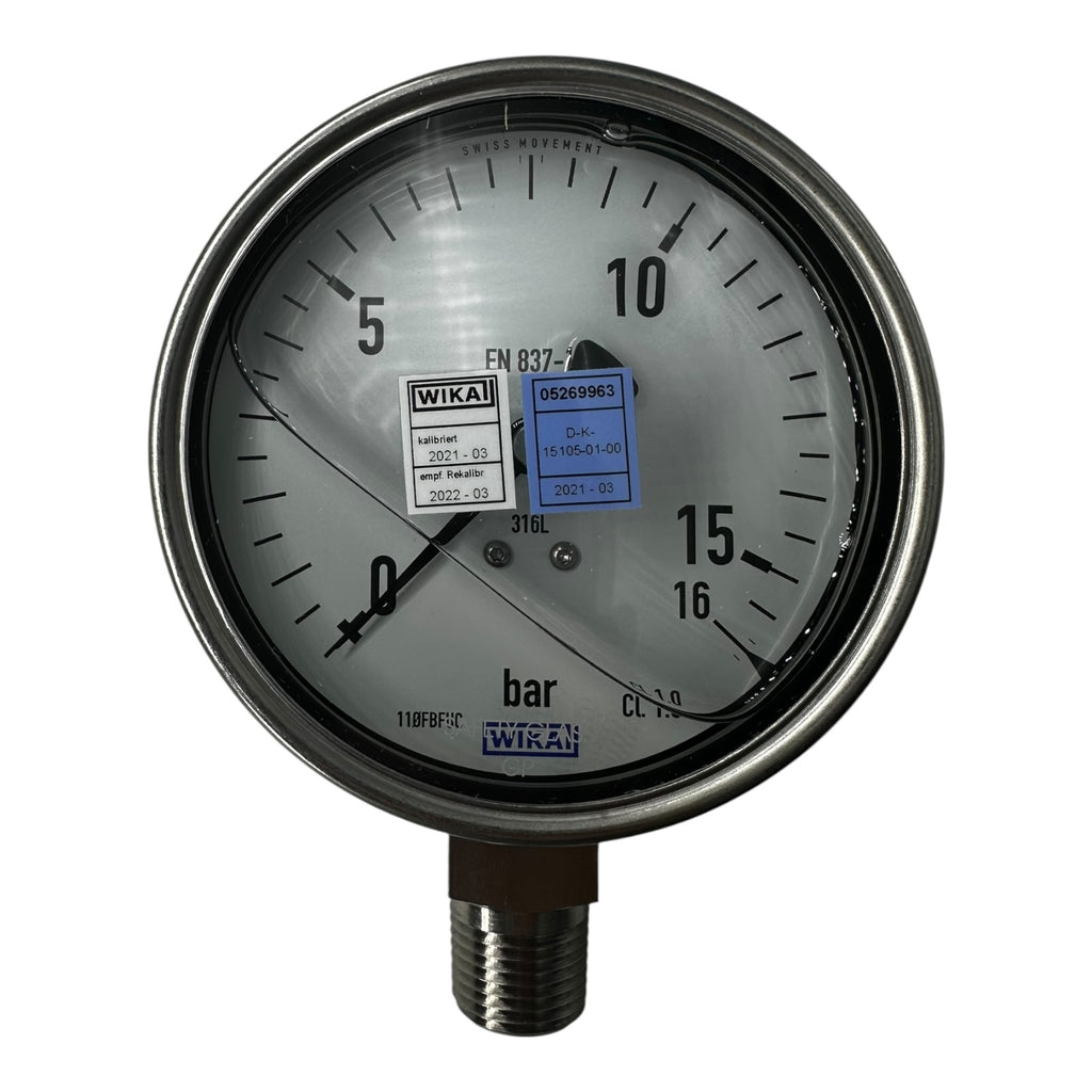 WIKA Manometer 233.50.100 0–16 bar 1/2” NPT unten Edelstahl 316L Klasse 1.0