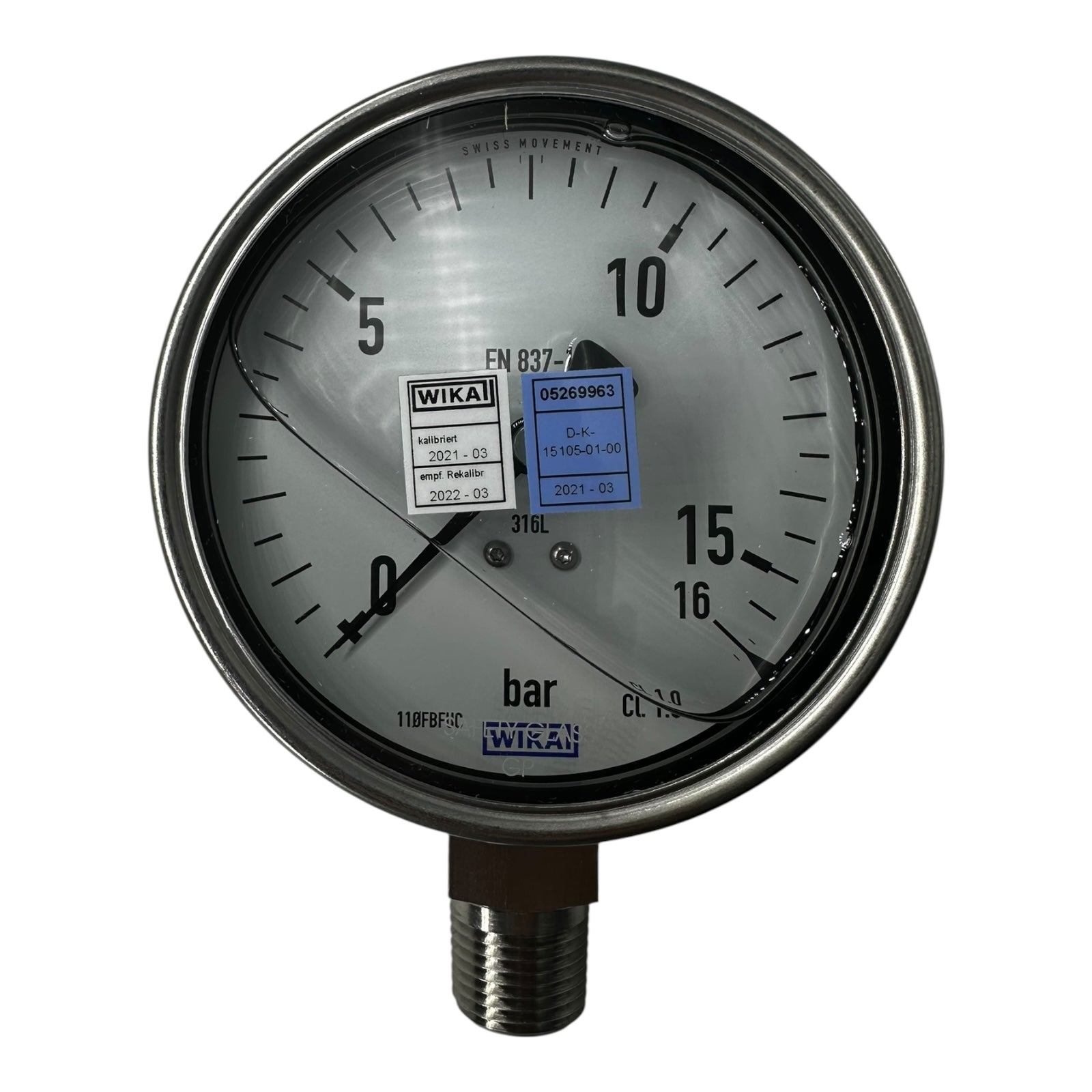 WIKA Manometer 233.50.100 0–16 bar 1/2” NPT unten Edelstahl 316L Klasse 1.0