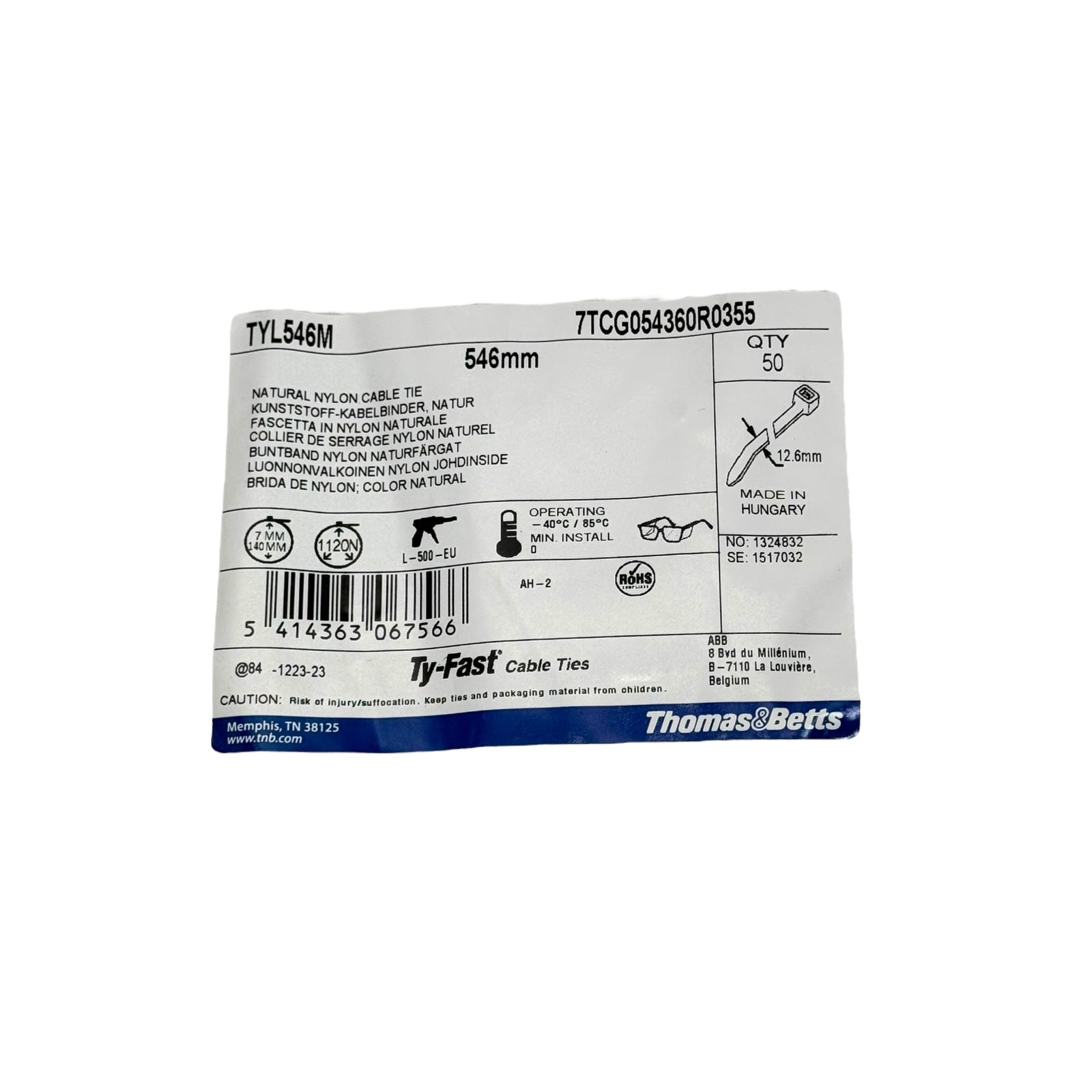 100 Stk ABB Ty-Fast TYL546M 546 mm Schwerlast-Kabelbinder Natur 1120 N PA6.6
