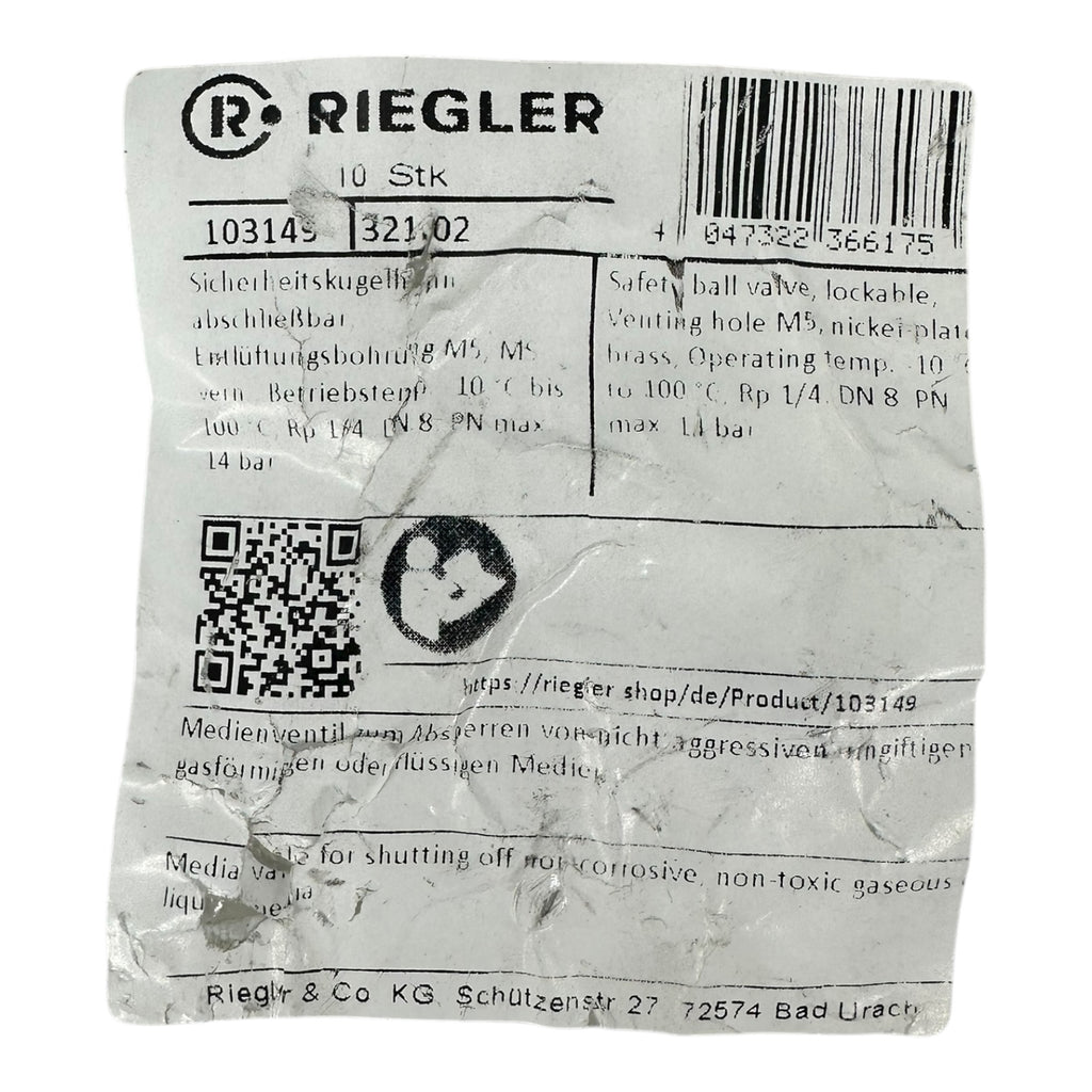 10x Riegler 103149-32102 Sicherheitskugelhahn DN8 Rp1/4” PN14 Entlüftung M5