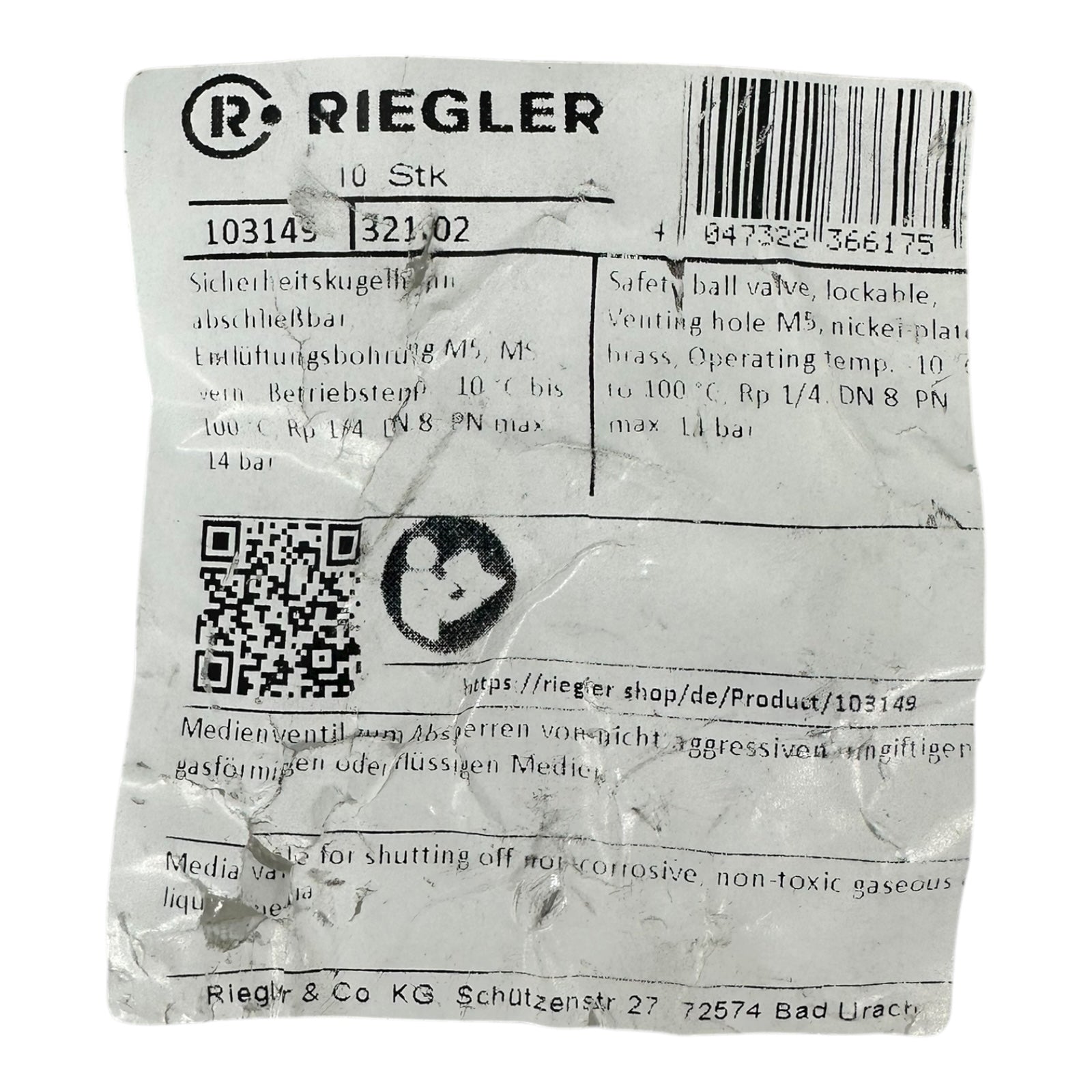 10x Riegler 103149-32102 Sicherheitskugelhahn DN8 Rp1/4” PN14 Entlüftung M5