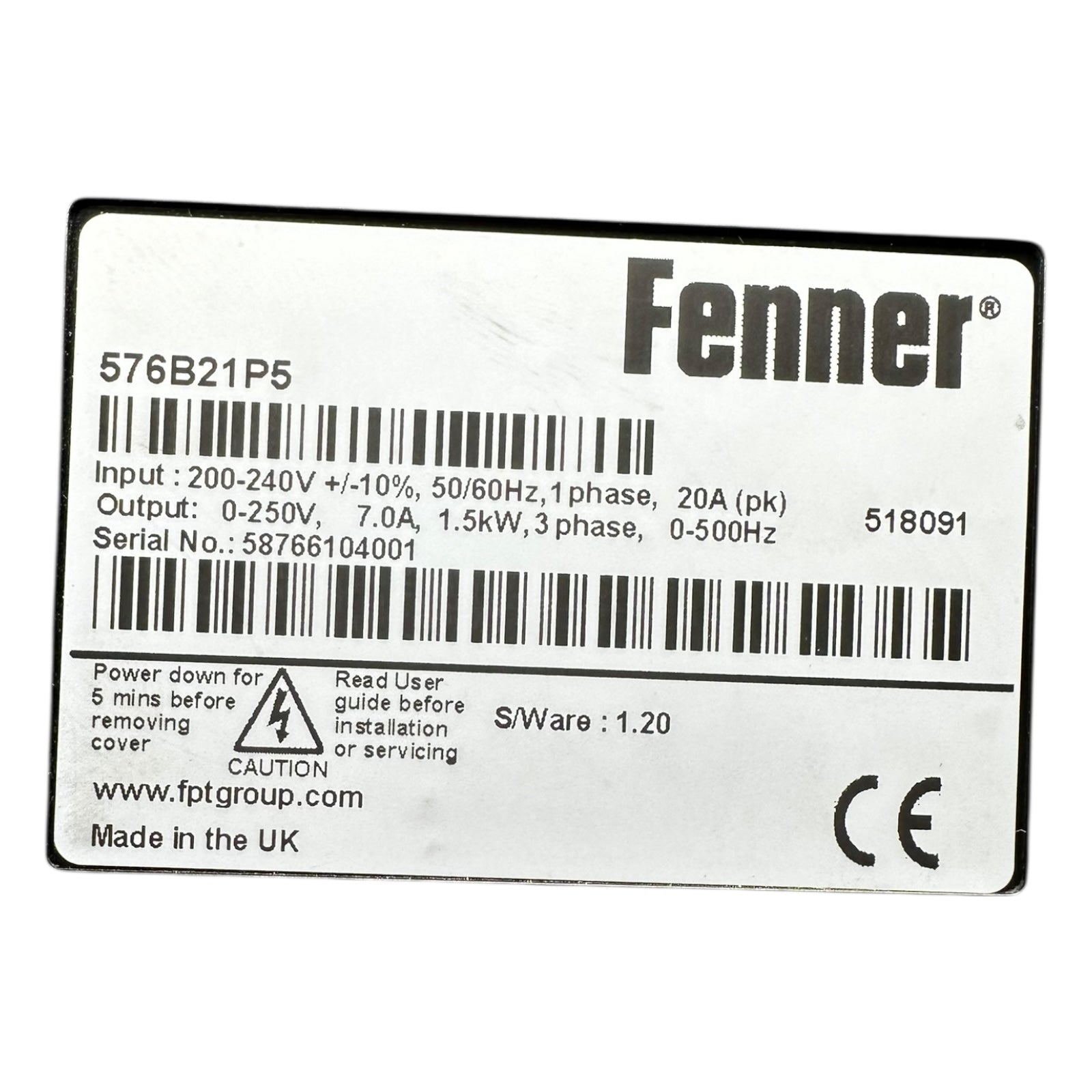 Fenner 576B21P5 Frequenzumrichter 1,5kW 230V 1ph auf 3ph IP66 QD