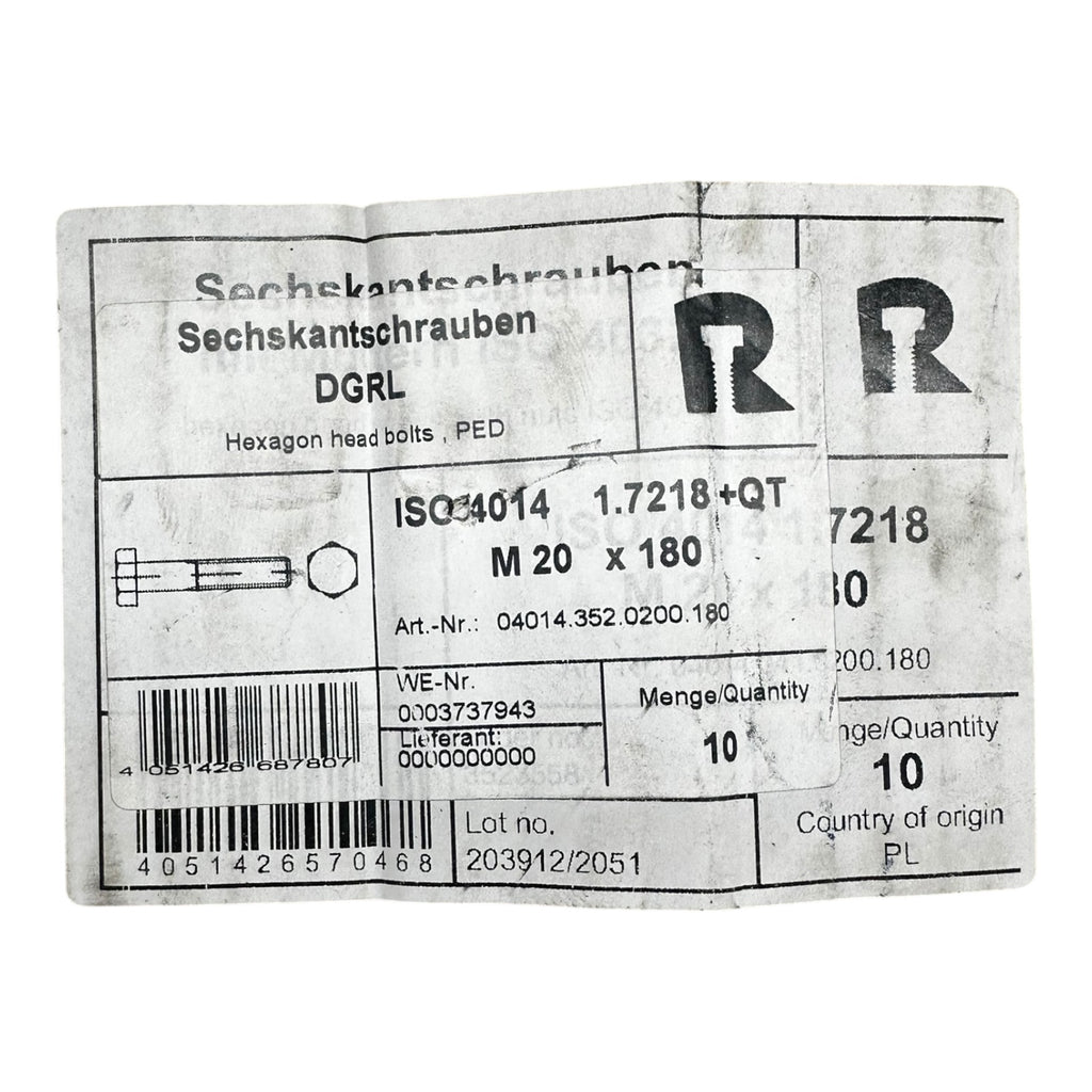 10x Sechskantschraube M20x180 ISO 4014 Stahl 1.7218+QT DGRL schwarz
