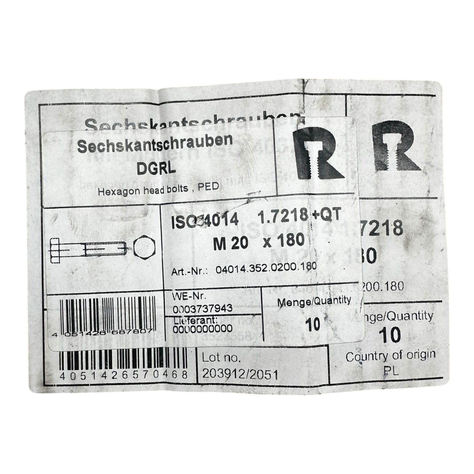 10x Sechskantschraube M20x180 ISO 4014 Stahl 1.7218+QT DGRL schwarz