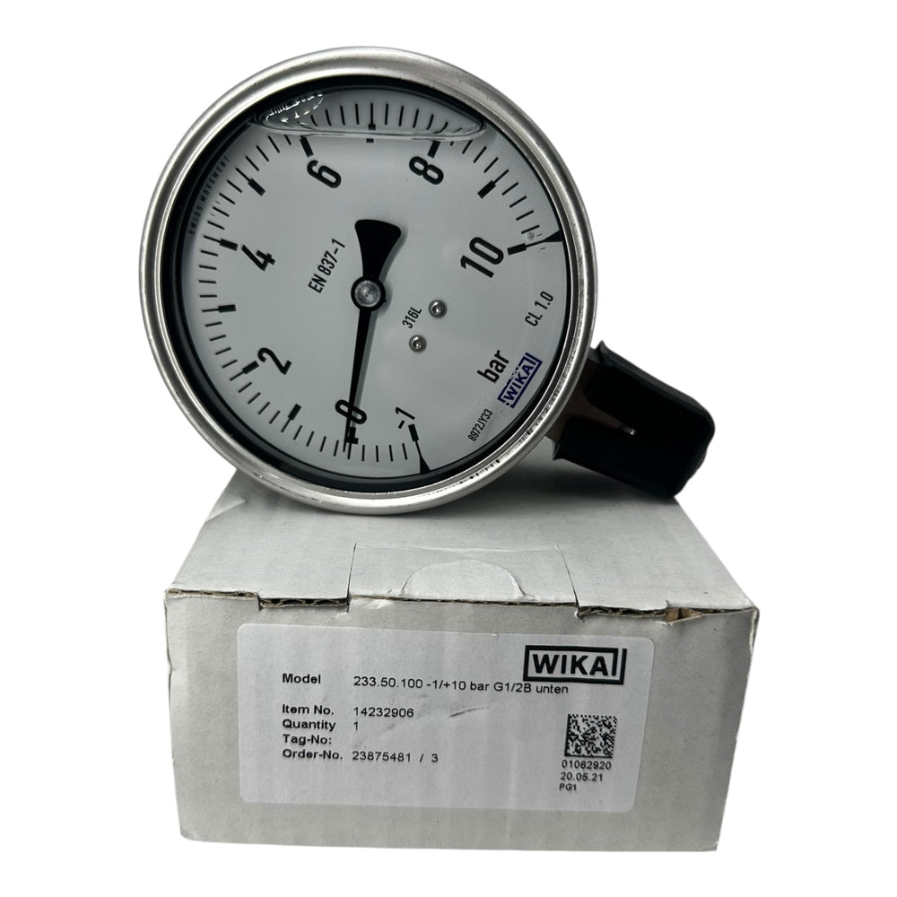 WIKA Manometer 233.50.100 -1…+10 bar G1/2B unten Edelstahl 316L Klasse 1.0