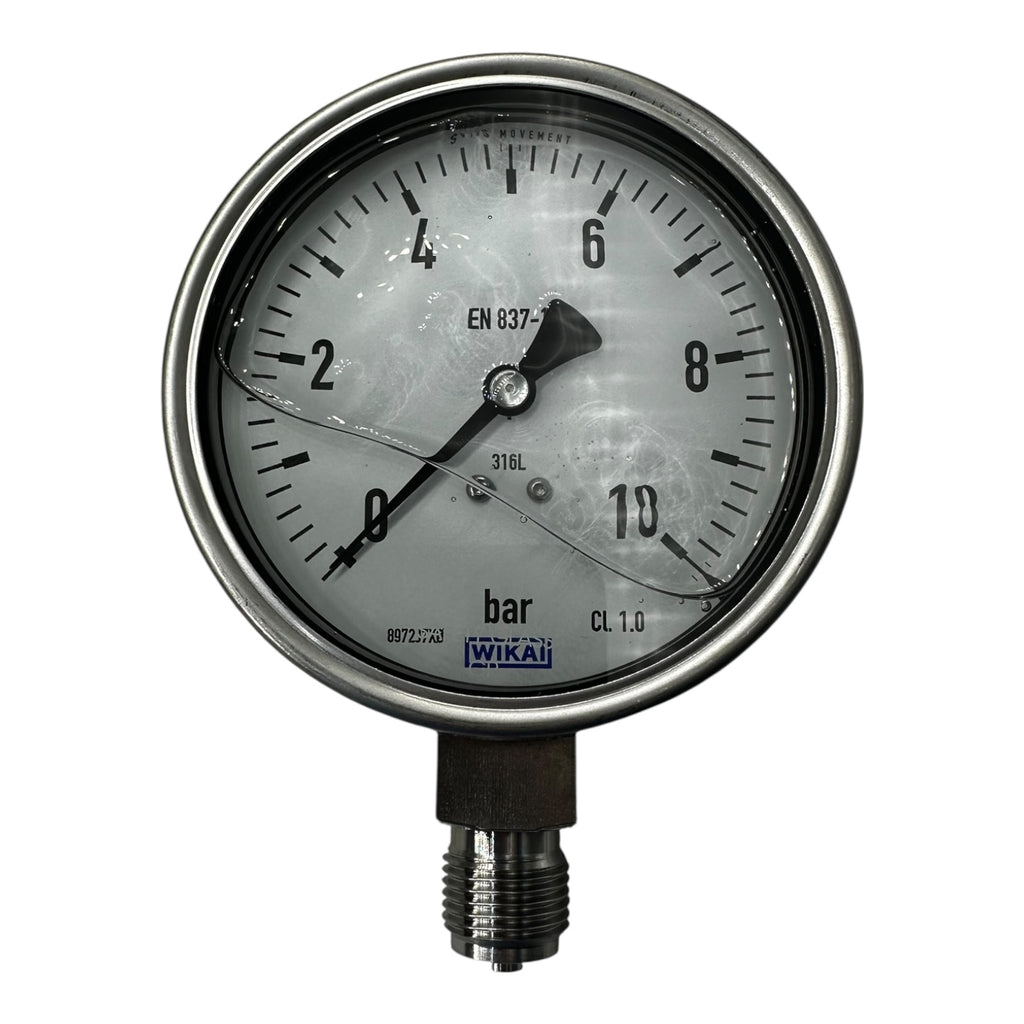 WIKA Manometer 0–10 bar G1/2B unten Ø100mm Edelstahl 316L Druckmesser CL 1.0