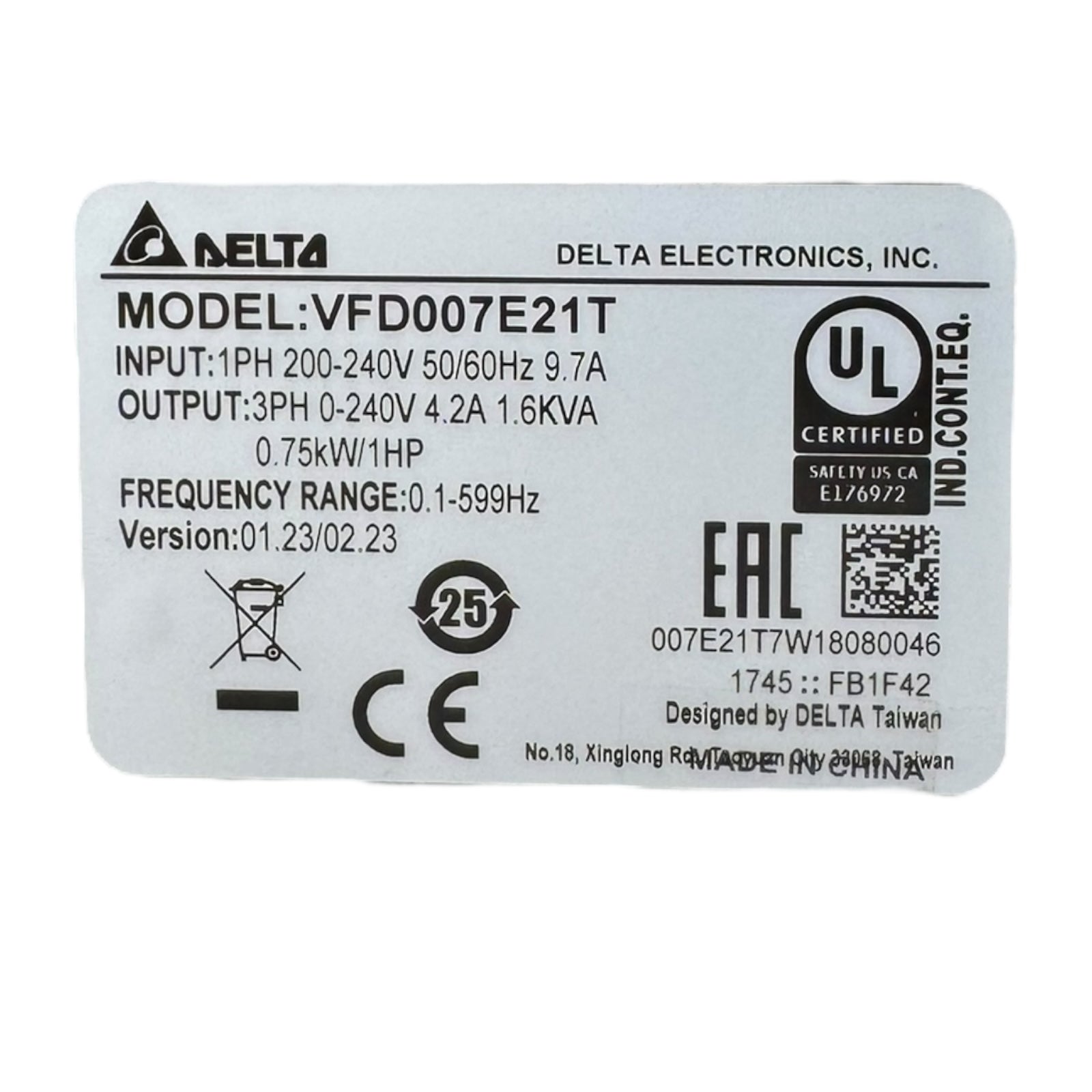 Delta VFD007E21T Inverter E-Serie Einphasig 0,75kW 4.2A 1HP