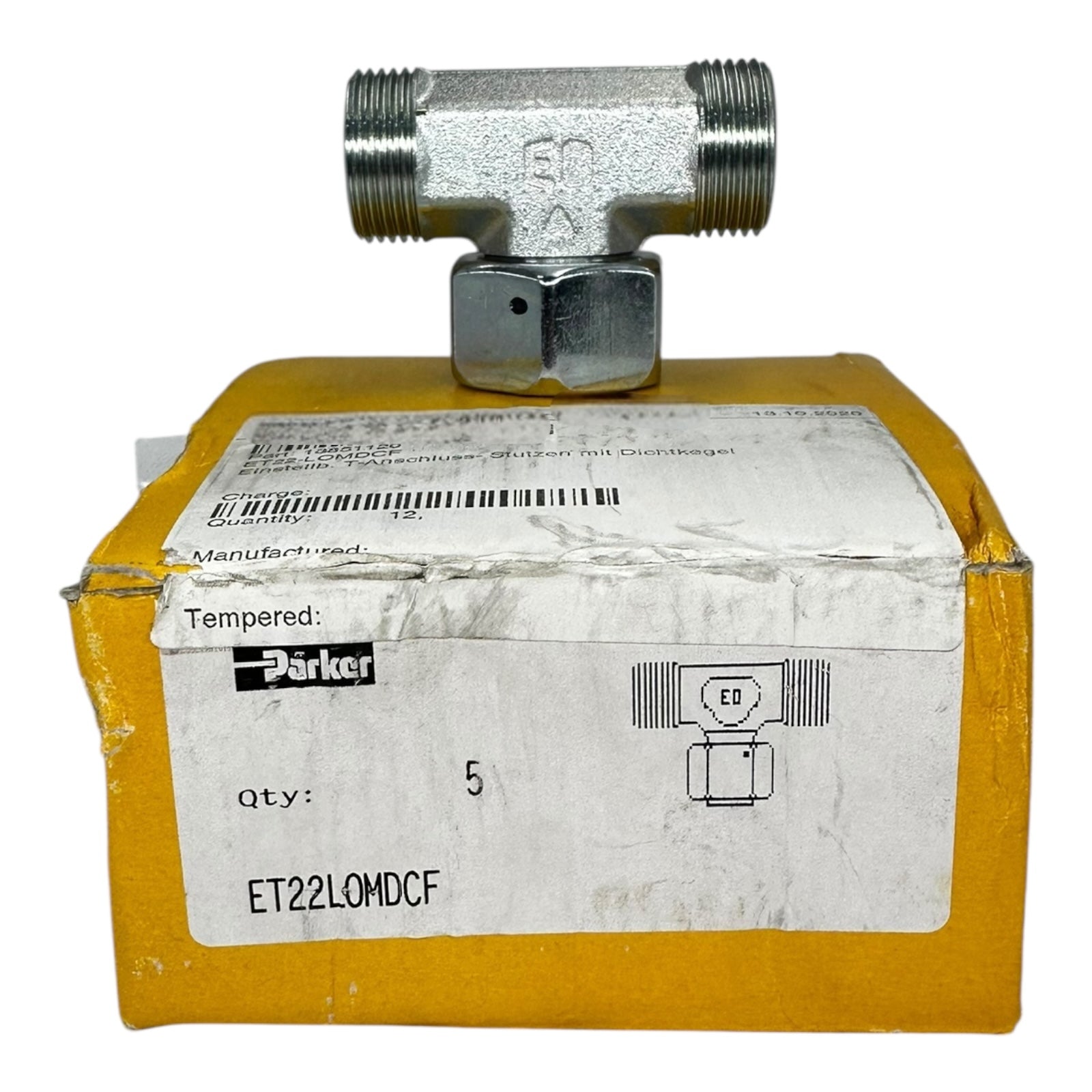 5x Parker ET22LOMDCF T-Anschluss-Stutzen mit Dichtkegel Gewinde Hydraulik
