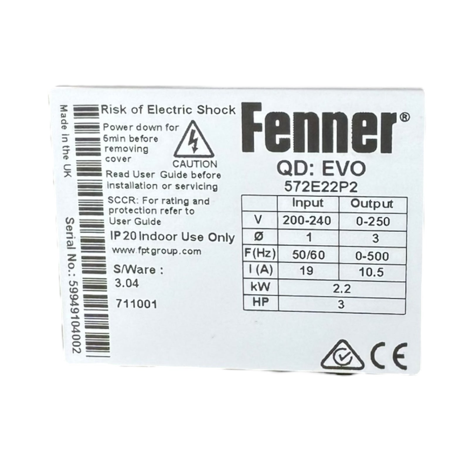 Fenner QD:EVO 572E22P2 Frequenzumrichter 2,2kW 10,5A 200–240V 3PH IP20 UNUSED
