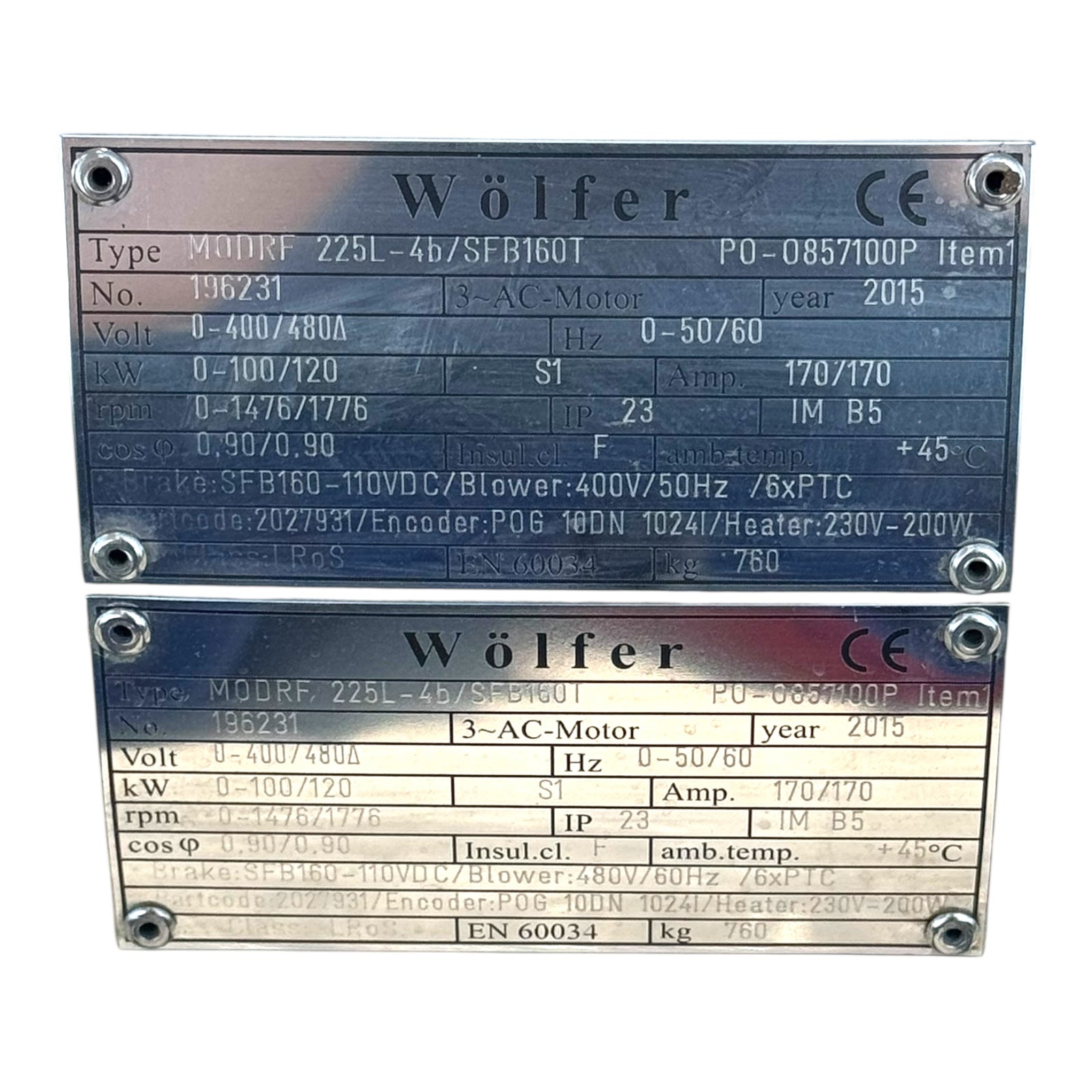 Wölfer Hubswerksmotor Kran Drehstromotor 100kW 1500U/min 400V + Bremse Encoder