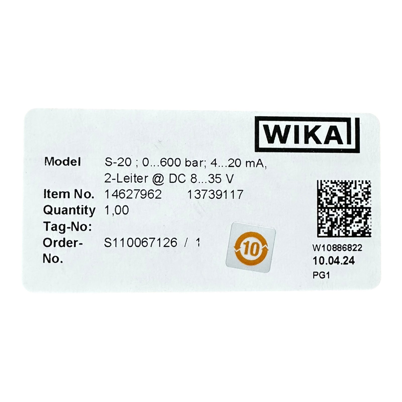 WIKA S-20 Drucktransmitter 0–600bar 4–20mA DC8–35V 2-Leiter kalibriert