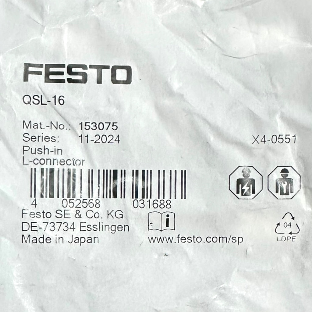 2x Festo QSL-16 153075 L-Steckverbinder 16 mm Push-In Pneumatik Winkel