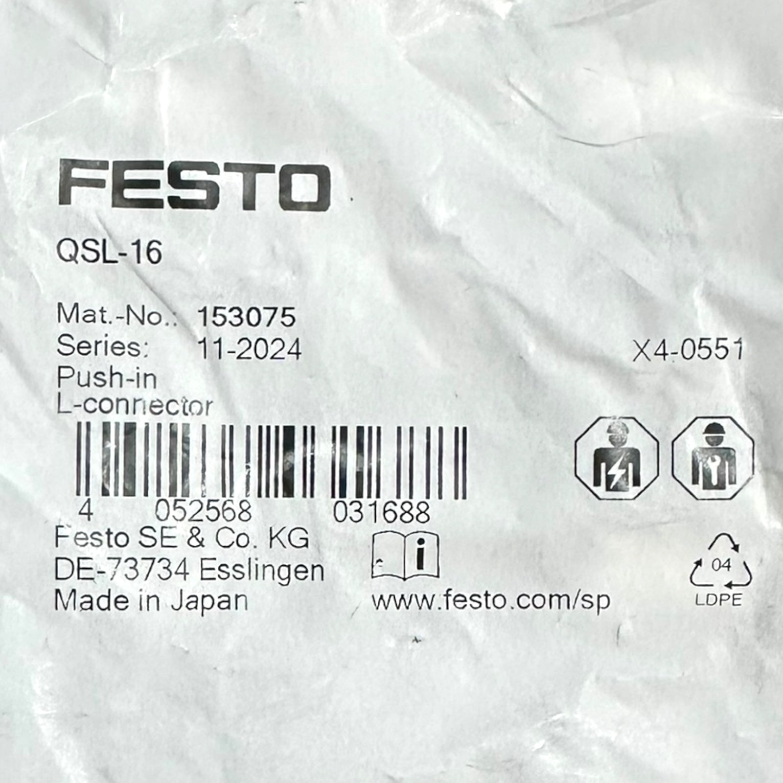 2x Festo QSL-16 153075 L-Steckverbinder 16 mm Push-In Pneumatik Winkel