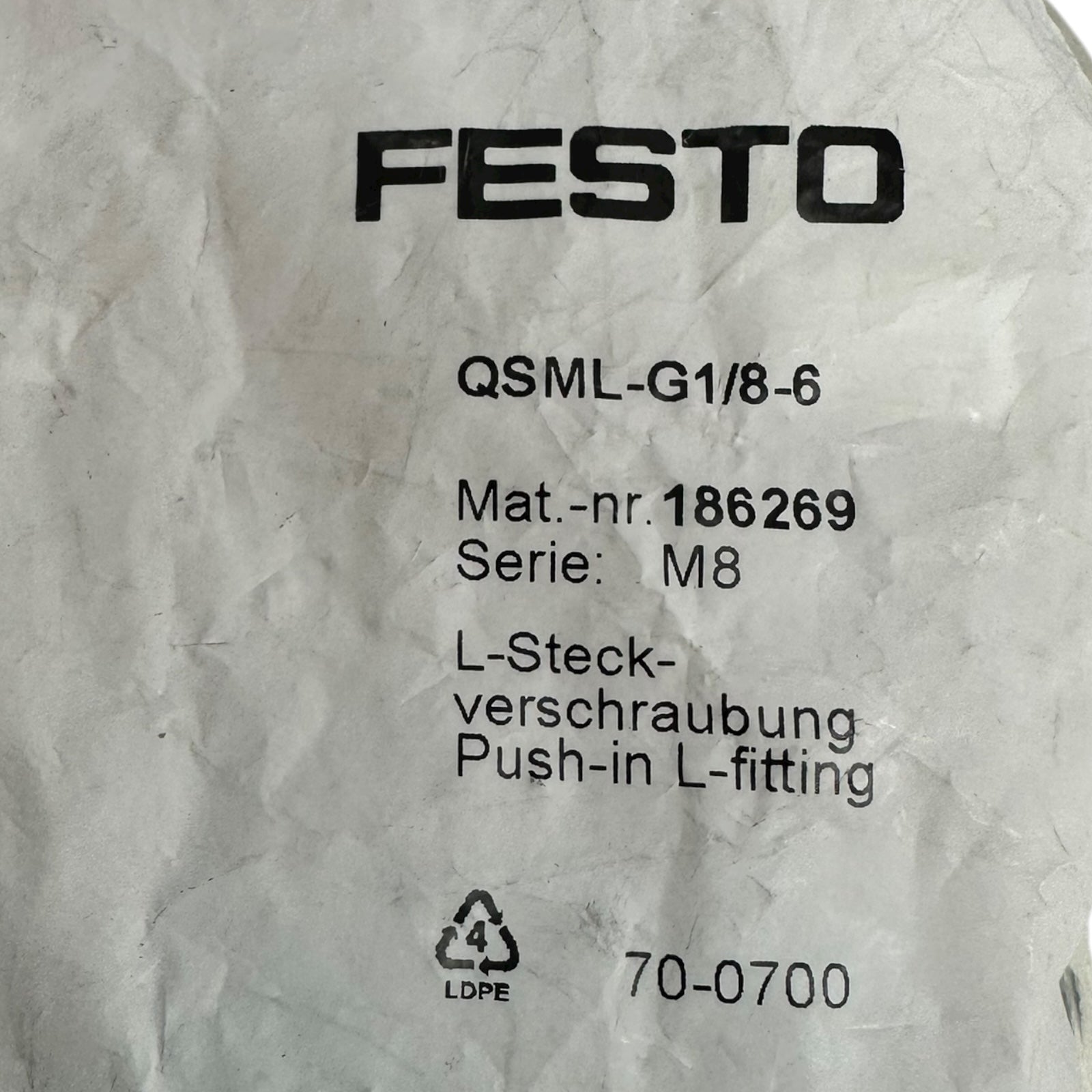80x Festo QSML-G1/8-6 186269 L-Steckverschraubung Push-In Anschluss 6 mm G1/8”